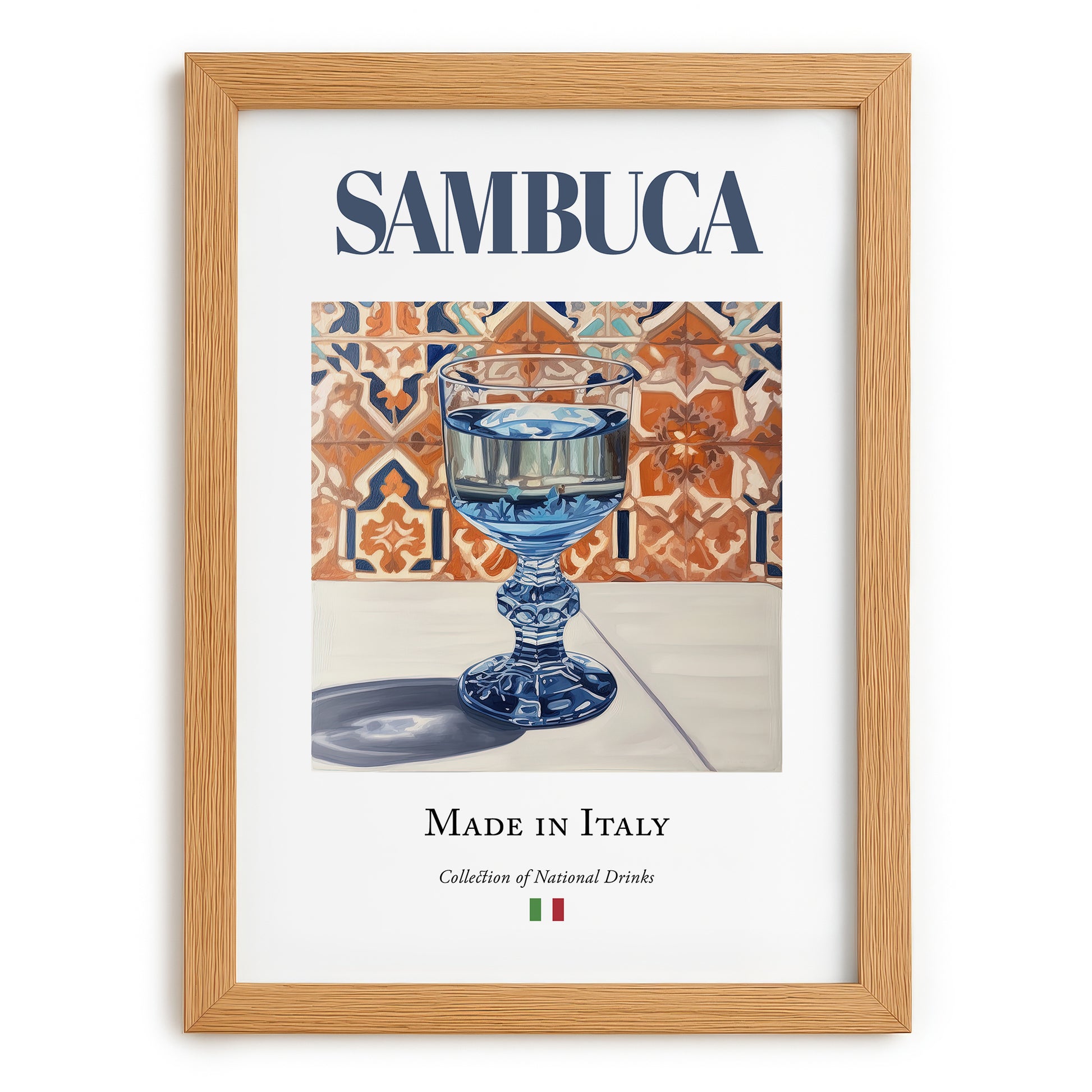 Sambuca – Italian Spirit Drink, Beach Bar Print, set in oak frame