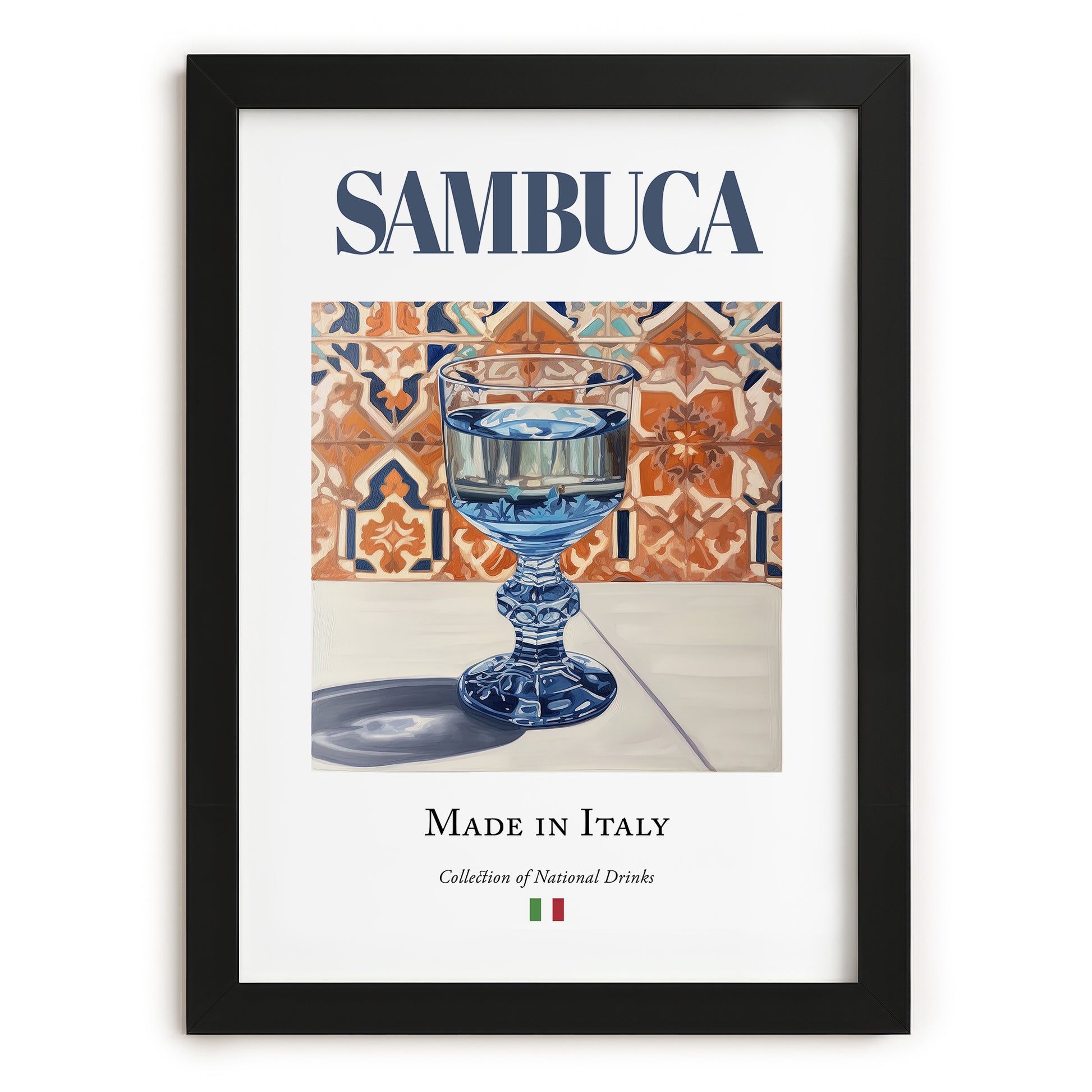 Sambuca – Italian Spirit Drink, Beach Bar Print, in sleek black frame