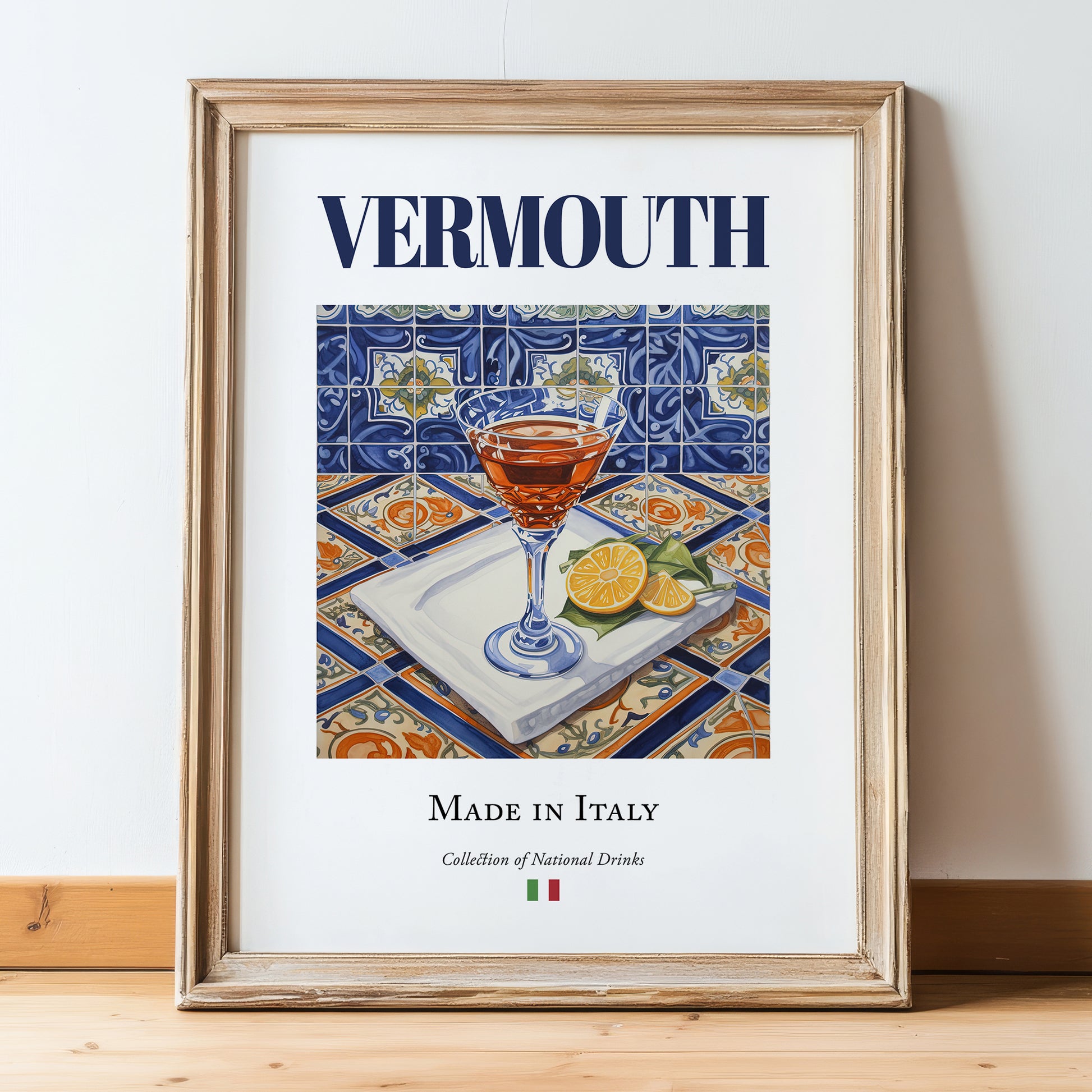 Vermouth – Italian Liqueur Drink, Cocktail Lounge Wall Art, in wooden frame leaning on the floor
