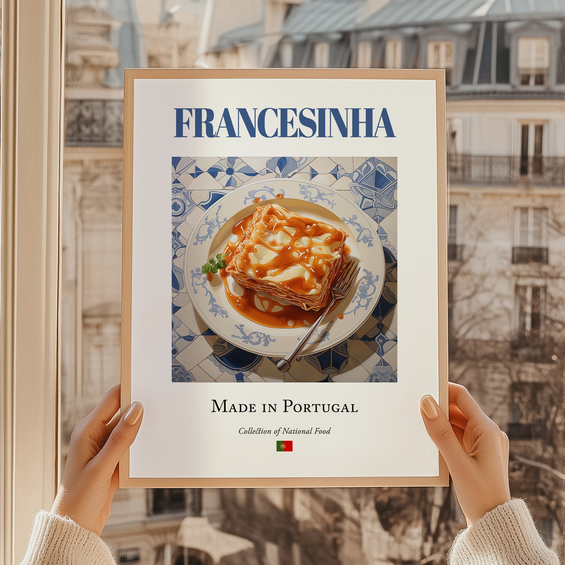Francesinha – Portuguese Dish, Food Bar Print, styled in a charming Paris street view
