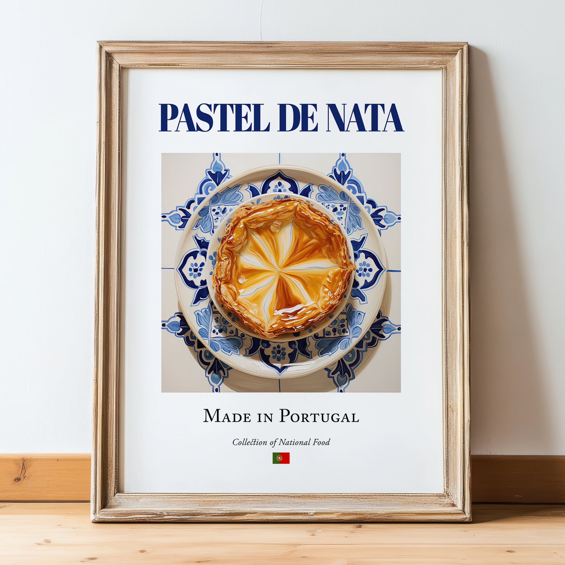 Pastel de nata – Portuguese Dessert Dish, Tavern Poster, in wooden frame leaning on the floor