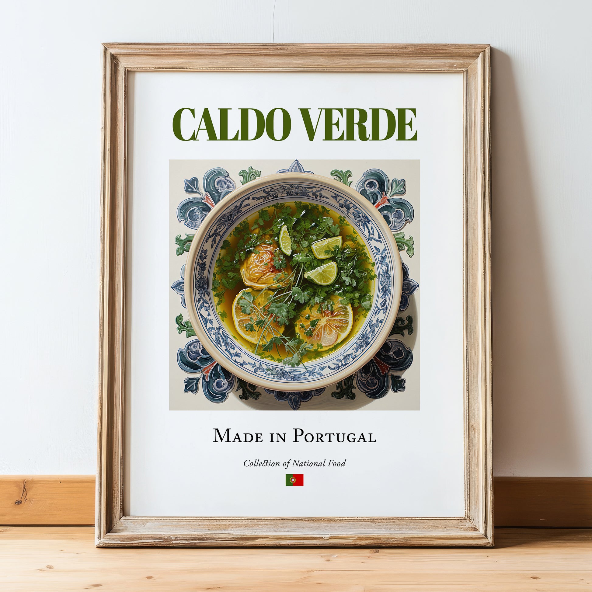 Caldo verde – Portuguese Soup Dish, Restaurant Wall Art, in wooden frame leaning on the floor