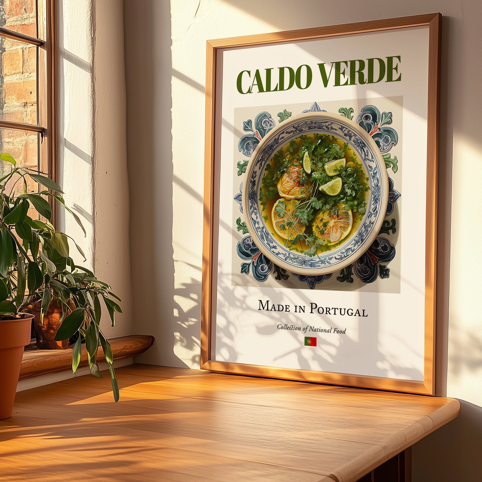 Caldo verde – Portuguese Soup Dish, Restaurant Wall Art, no-text version framed in wood