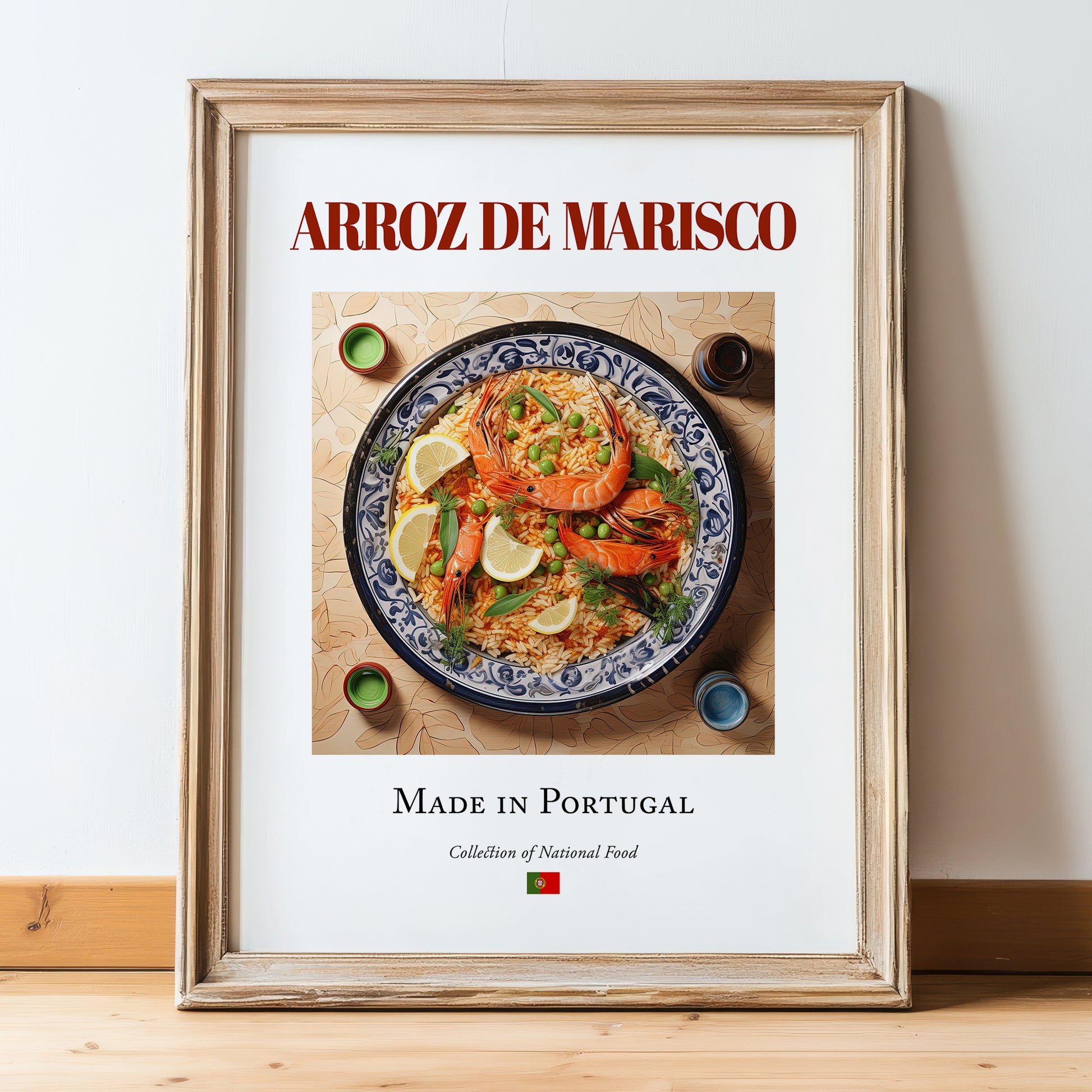 Arroz de marisco – Portuguese Rice Dish, Tavern Wall Art, in wooden frame leaning on the floor