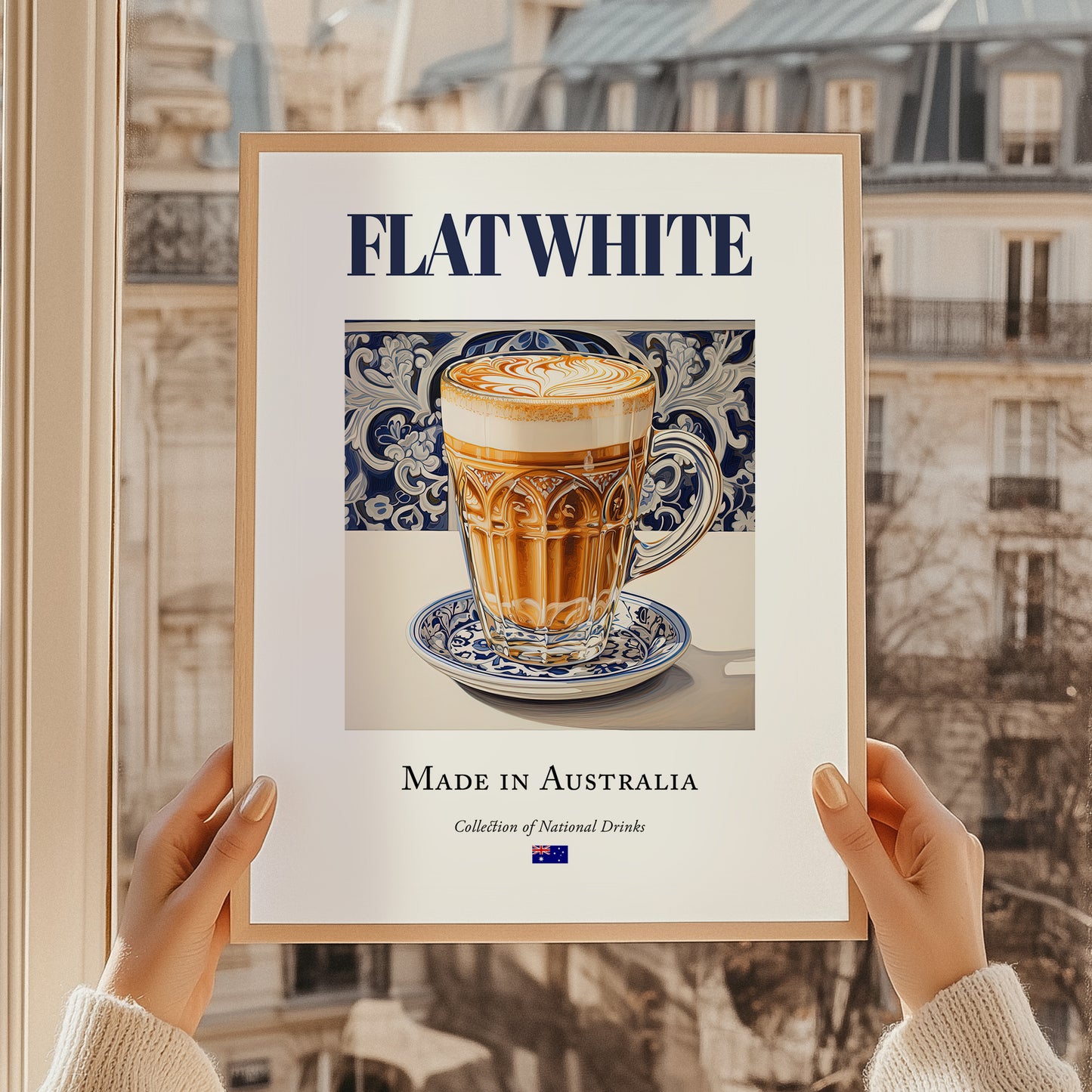Flat White – Australian Coffee, Street Café Print, styled in a charming Paris street view
