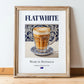 Flat White – Australian Coffee, Street Café Print, in wooden frame leaning on the floor