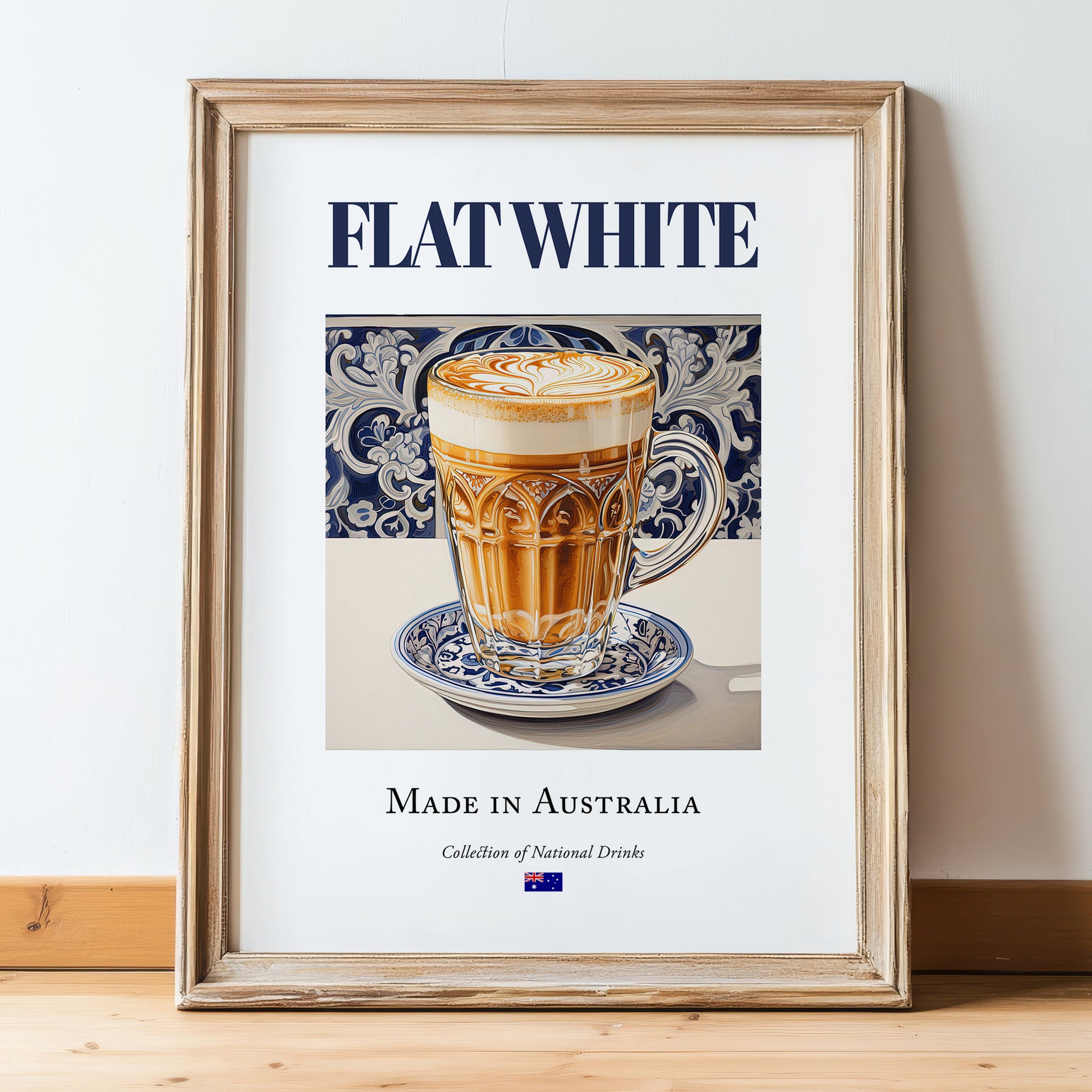 Flat White – Australian Coffee, Street Café Print, in wooden frame leaning on the floor
