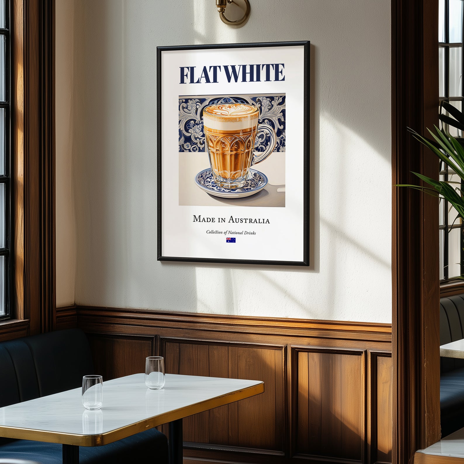 Flat White – Australian Coffee, Street Café Print, clean layout with no caption