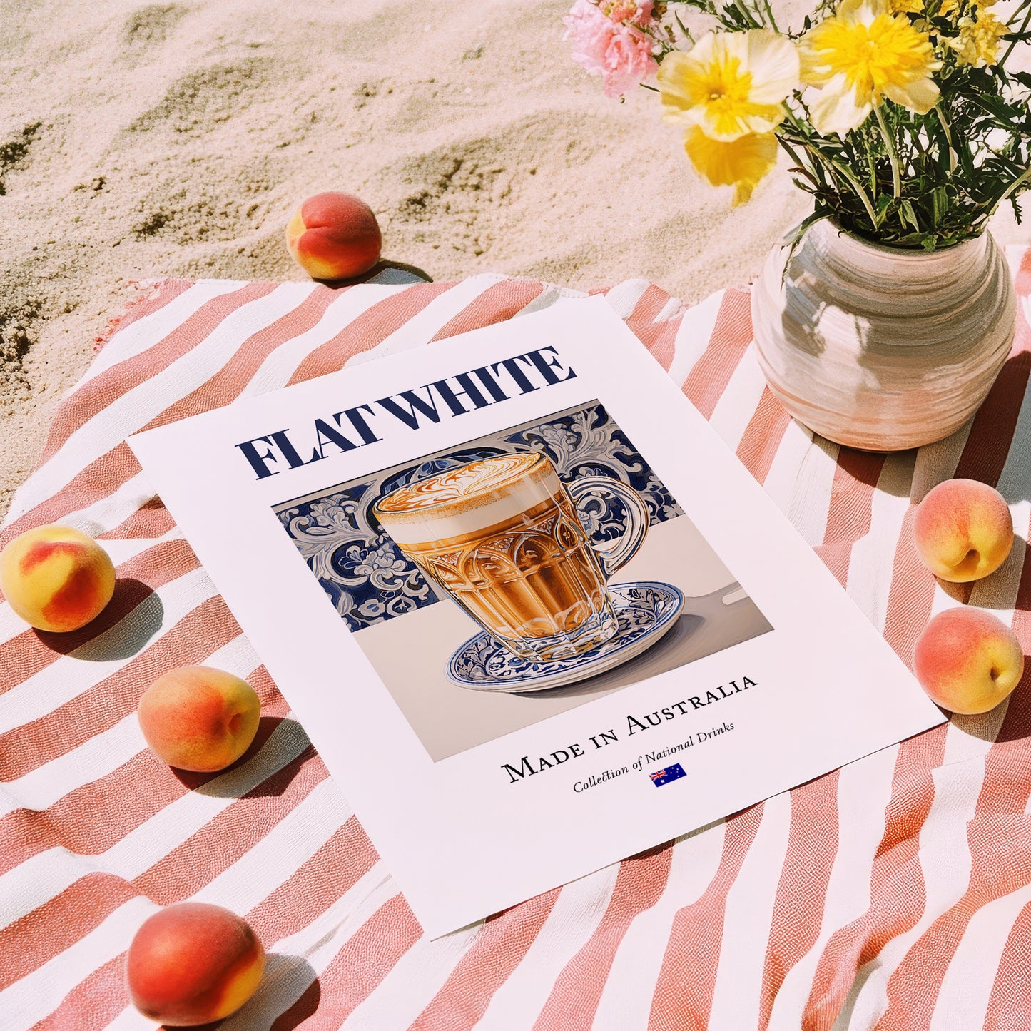 Flat White – Australian Coffee, Street Café Print, unframed on coastal sand