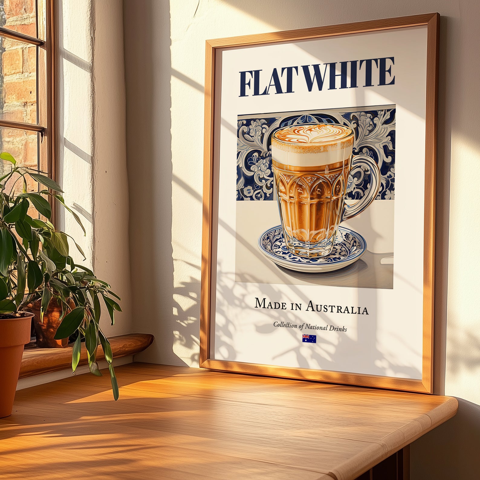 Flat White – Australian Coffee, Street Café Print, no-text version framed in wood