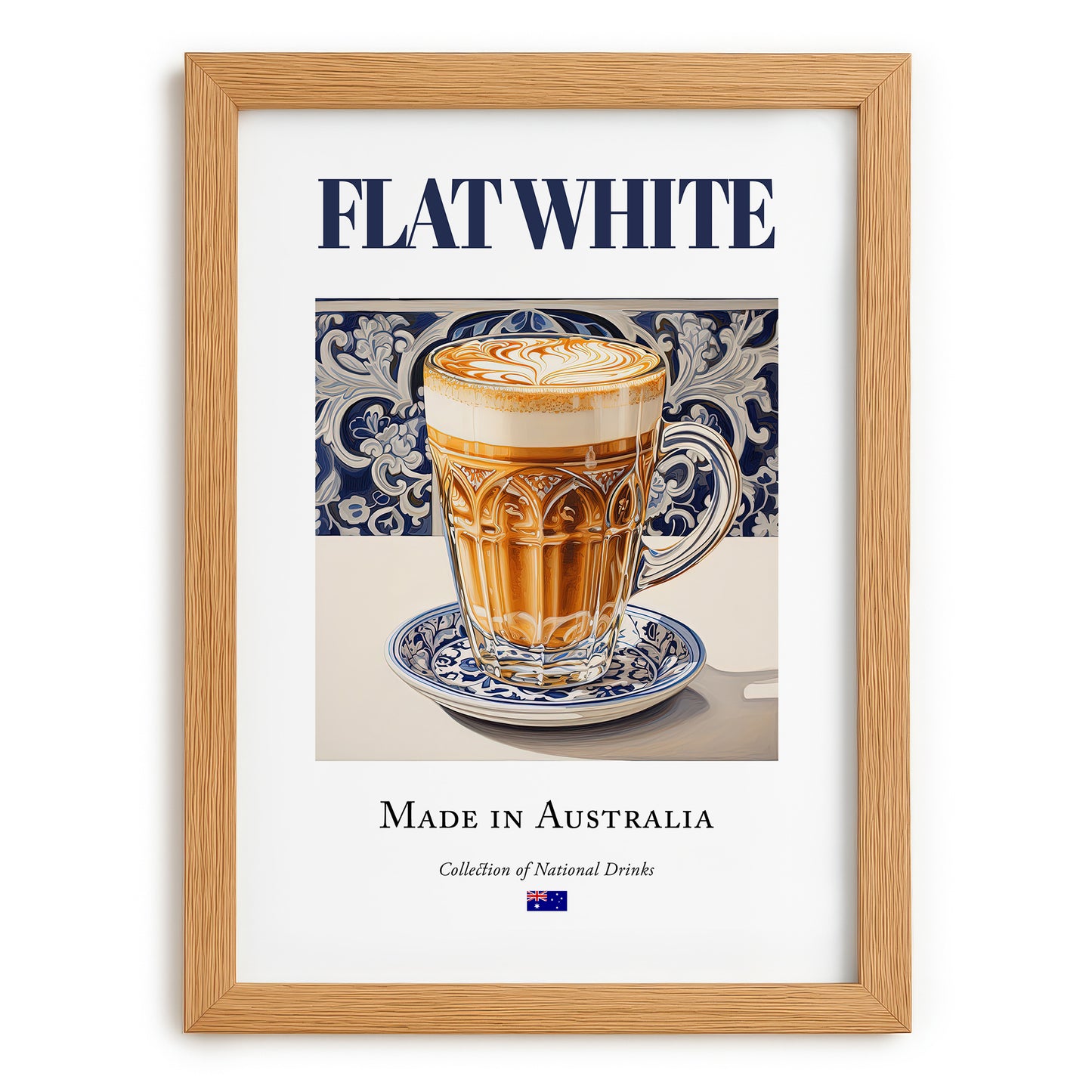 Flat White – Australian Coffee, Street Café Print, set in oak frame