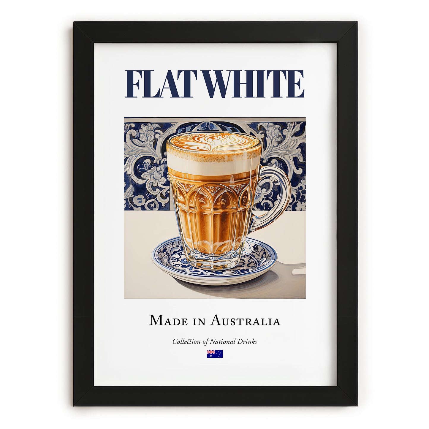 Flat White – Australian Coffee, Street Café Print, in sleek black frame