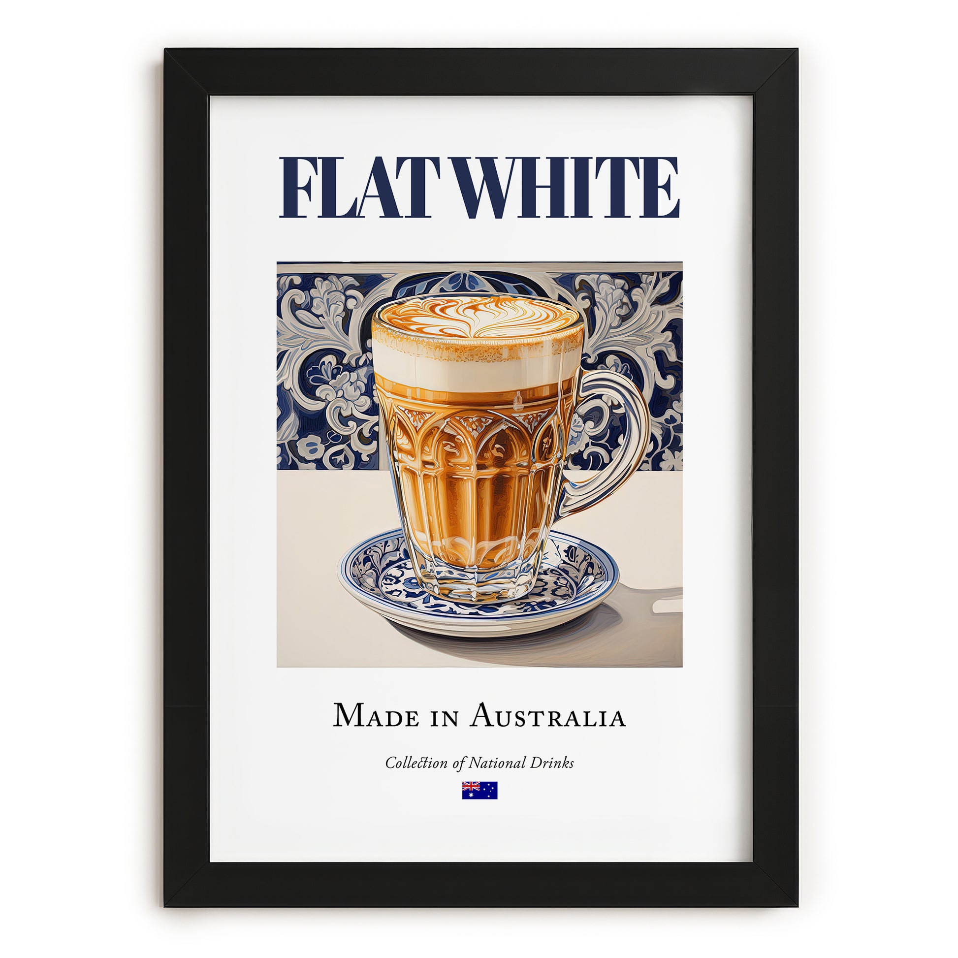 Flat White – Australian Coffee, Street Café Print, in sleek black frame