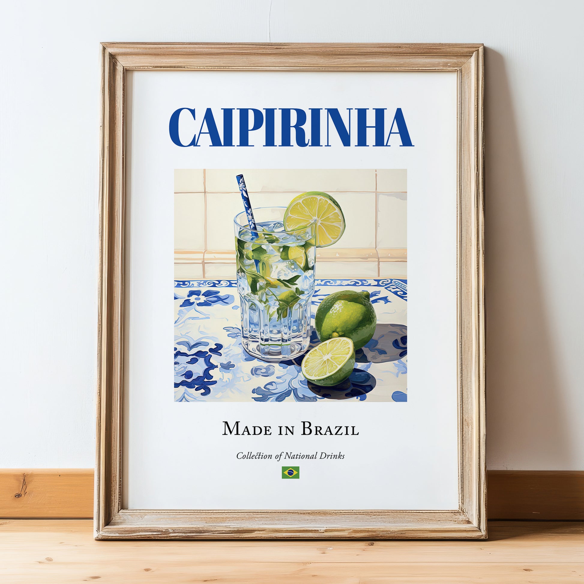 Caipirinha – Brazilian Cocktail Drink, Hotel Lobby Still Life, in wooden frame leaning on the floor