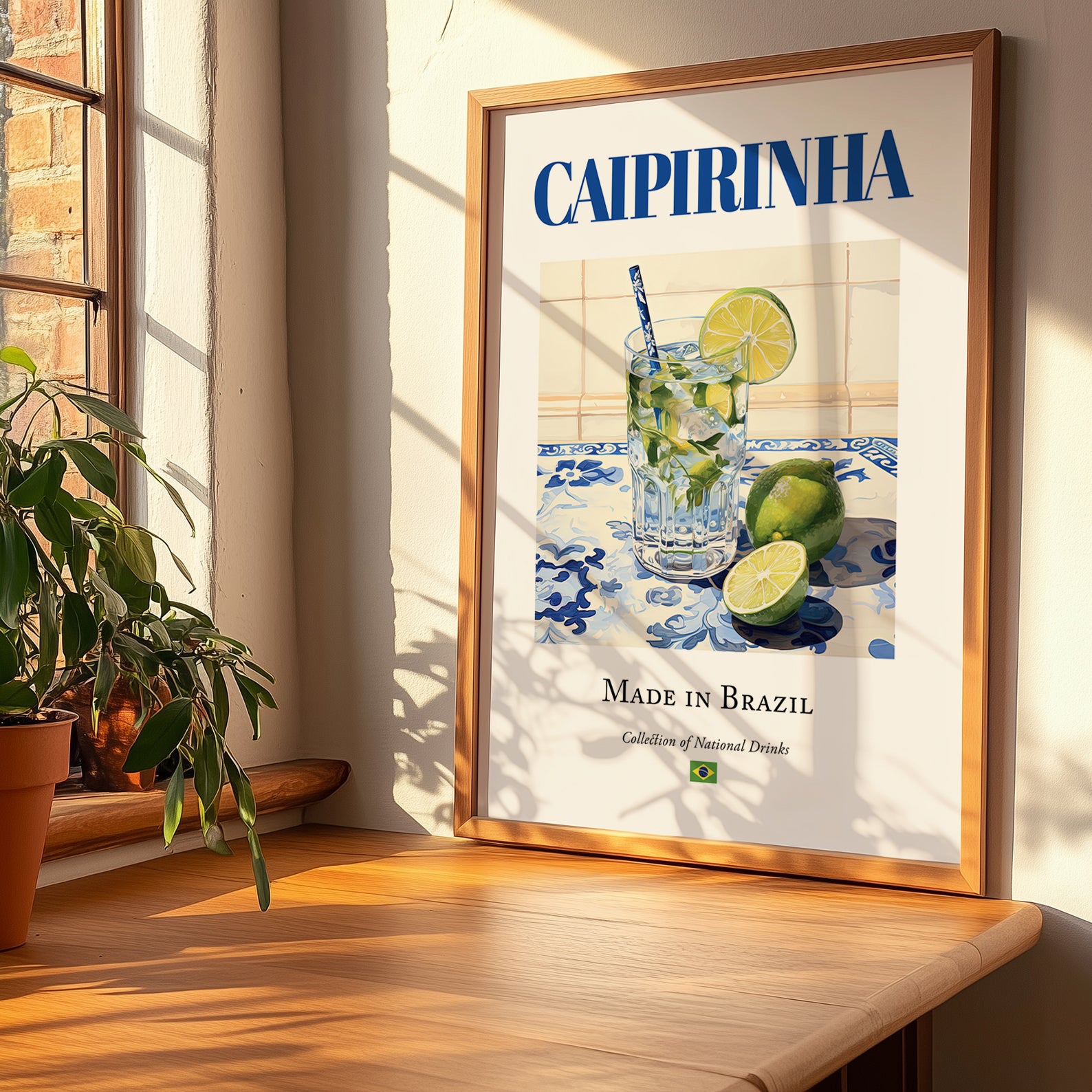 Caipirinha – Brazilian Cocktail Drink, Hotel Lobby Still Life, no-text version framed in wood