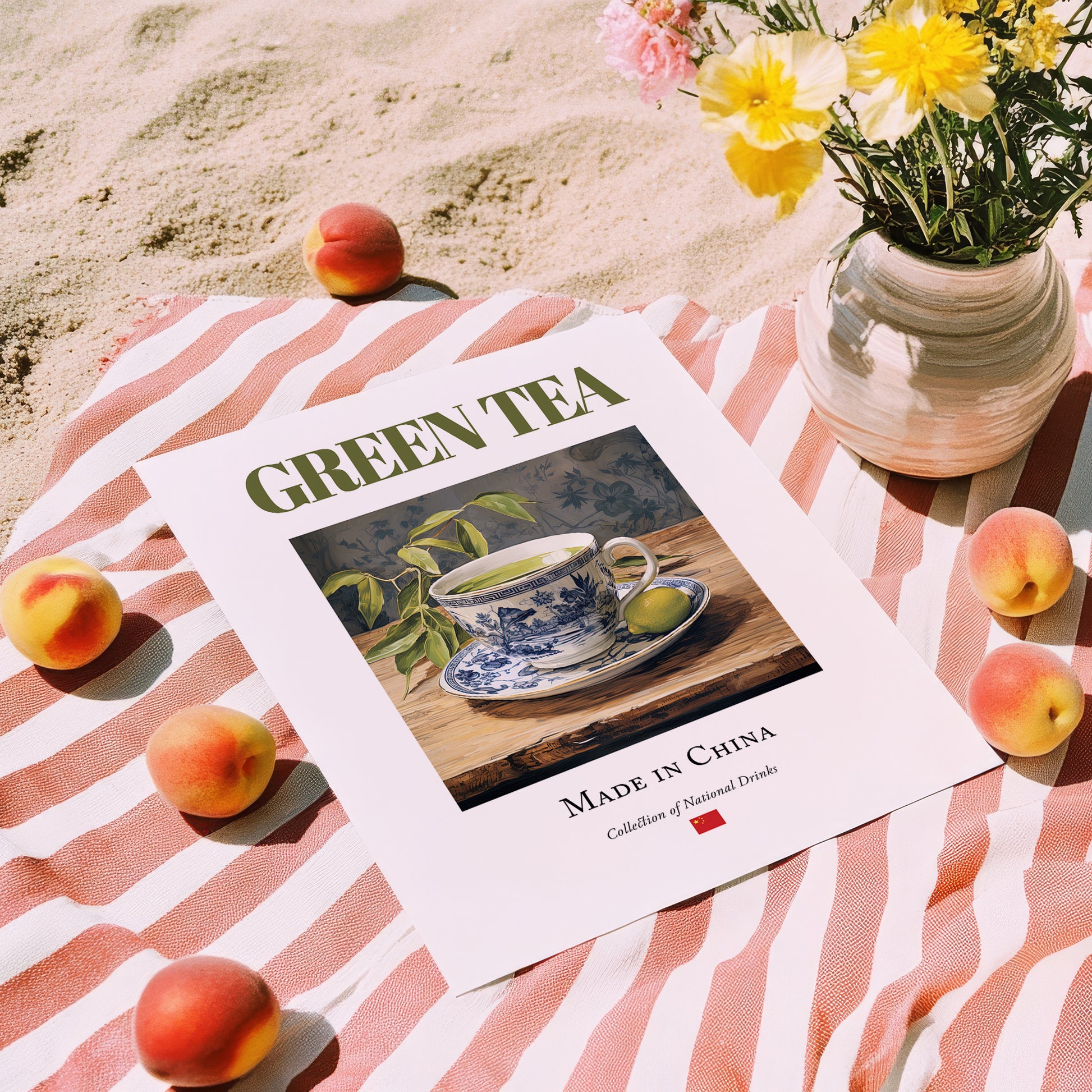 Green Tea – Chinese Tea, Tea Room Wall Art, unframed on coastal sand