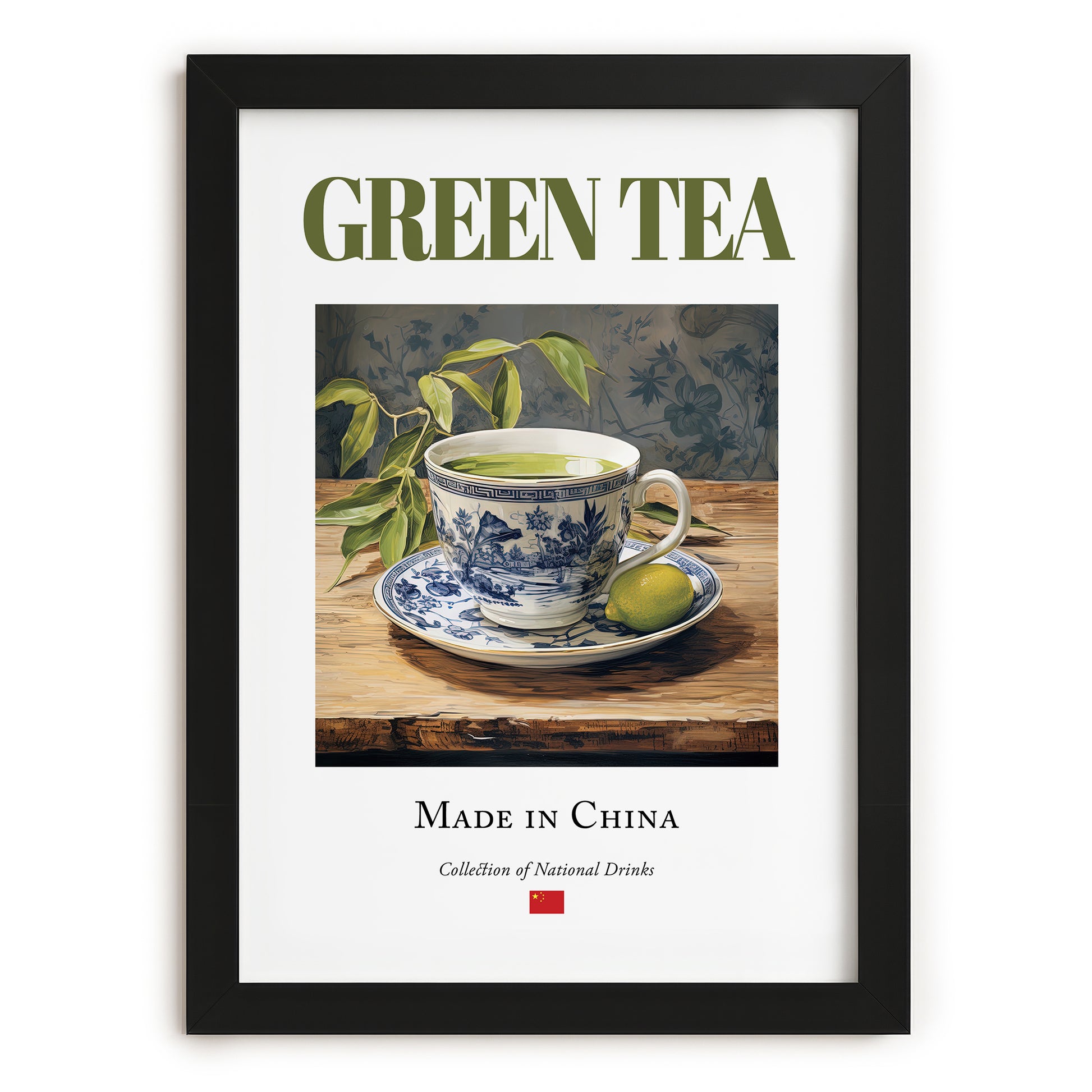 Green Tea – Chinese Tea, Tea Room Wall Art, in sleek black frame