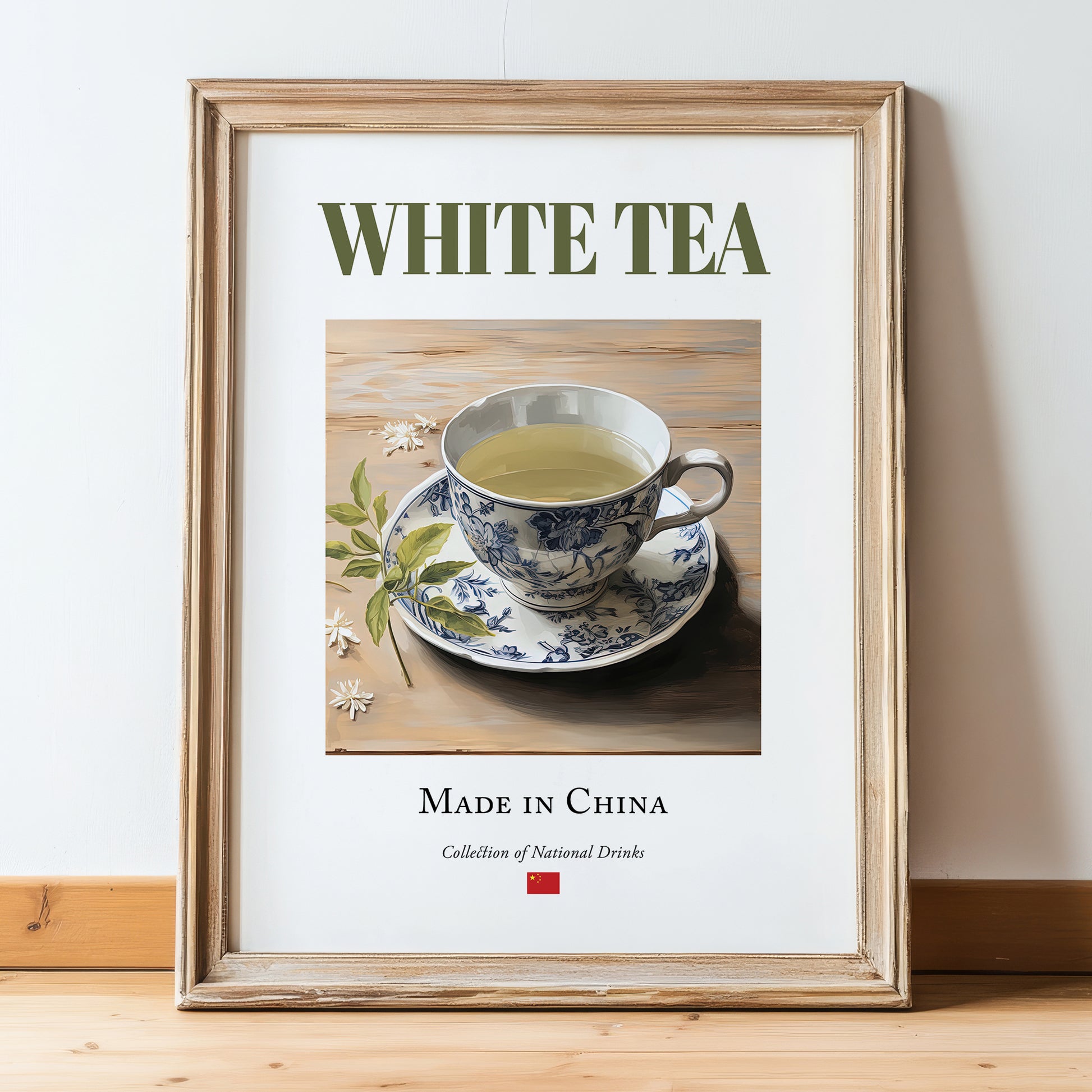 White Tea – Chinese Tea, Tea Room Wall Decor, in wooden frame leaning on the floor