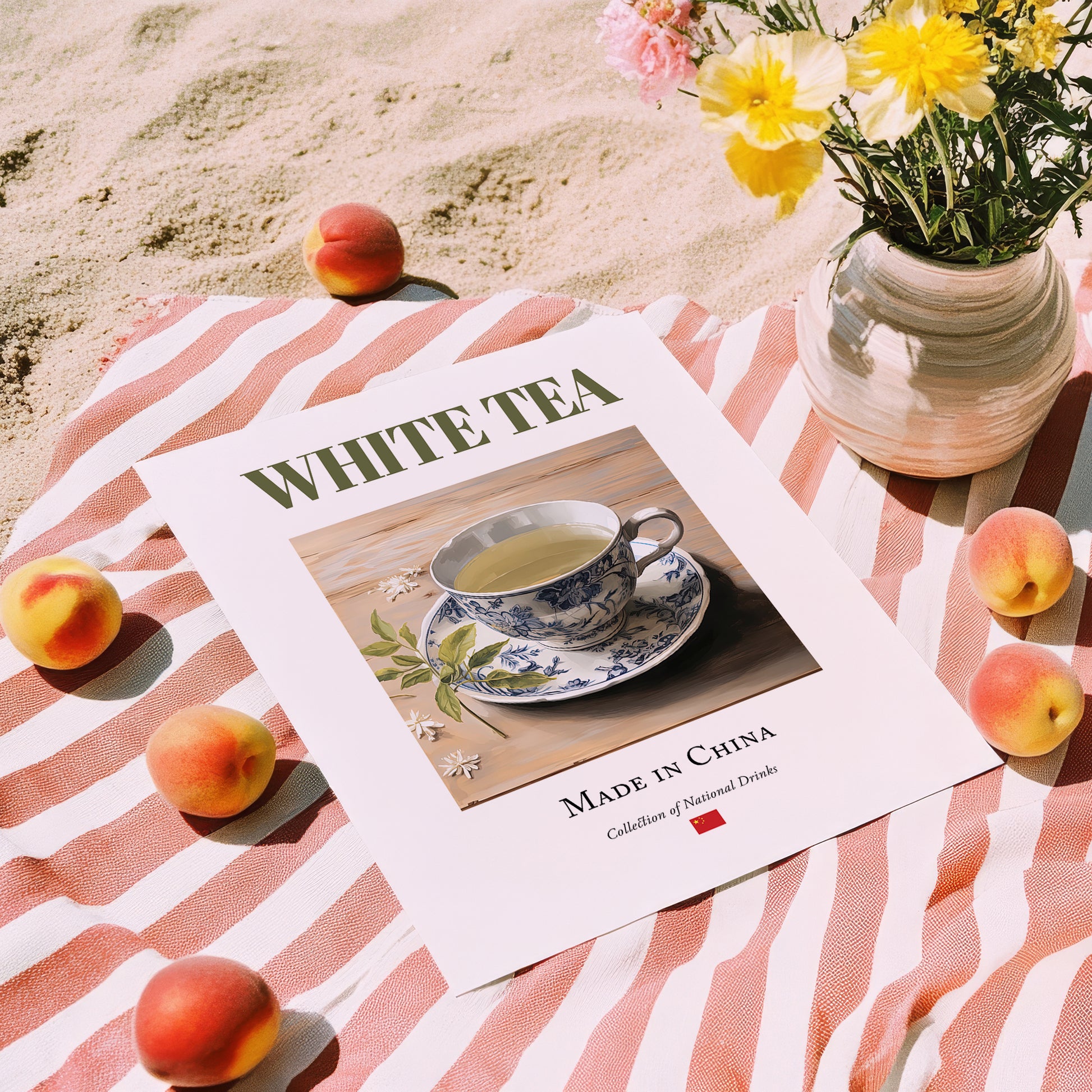 White Tea – Chinese Tea, Tea Room Wall Decor, unframed on coastal sand
