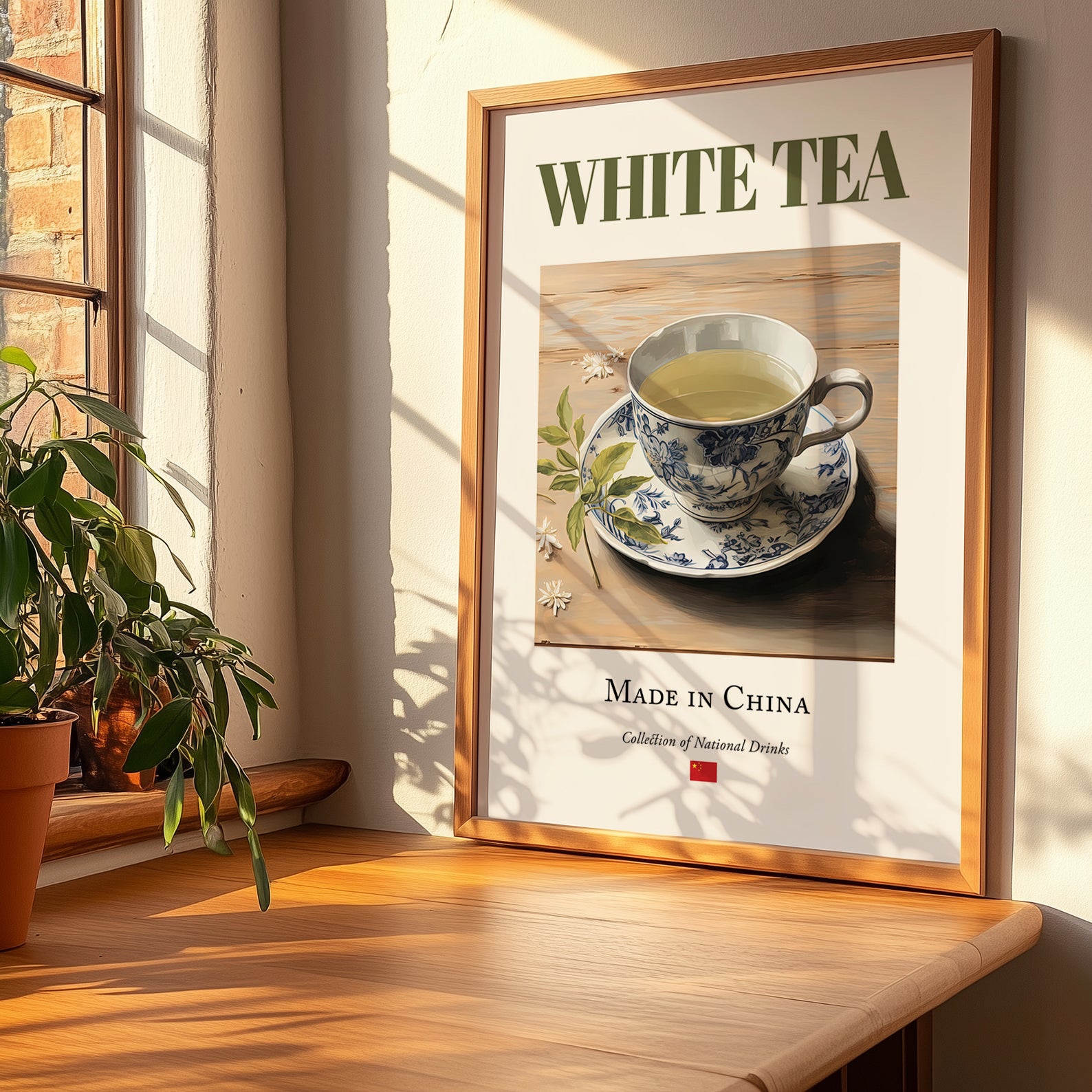 White Tea – Chinese Tea, Tea Room Wall Decor, no-text version framed in wood
