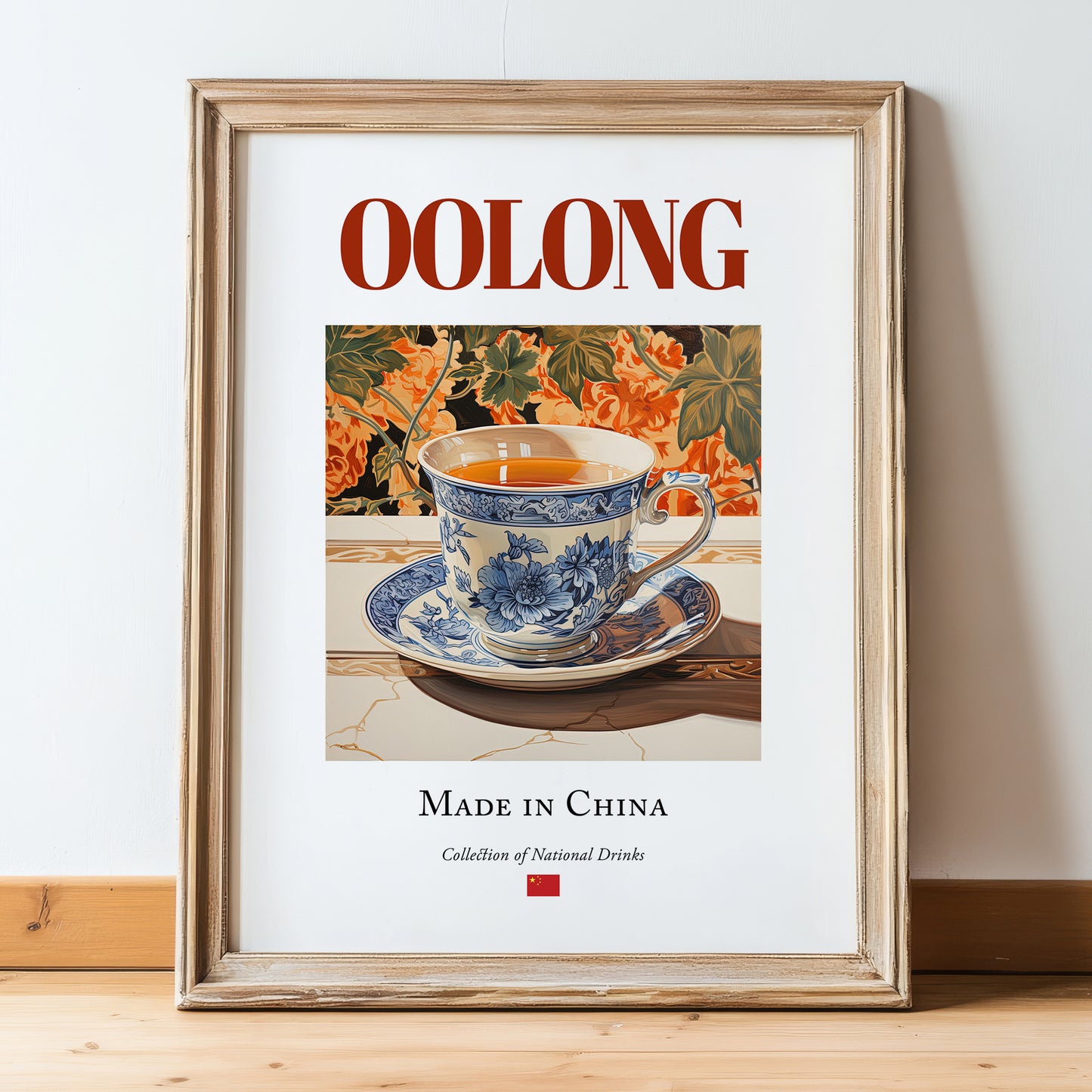 Oolong – Chinese Tea, Tea Lounge Print, in wooden frame leaning on the floor