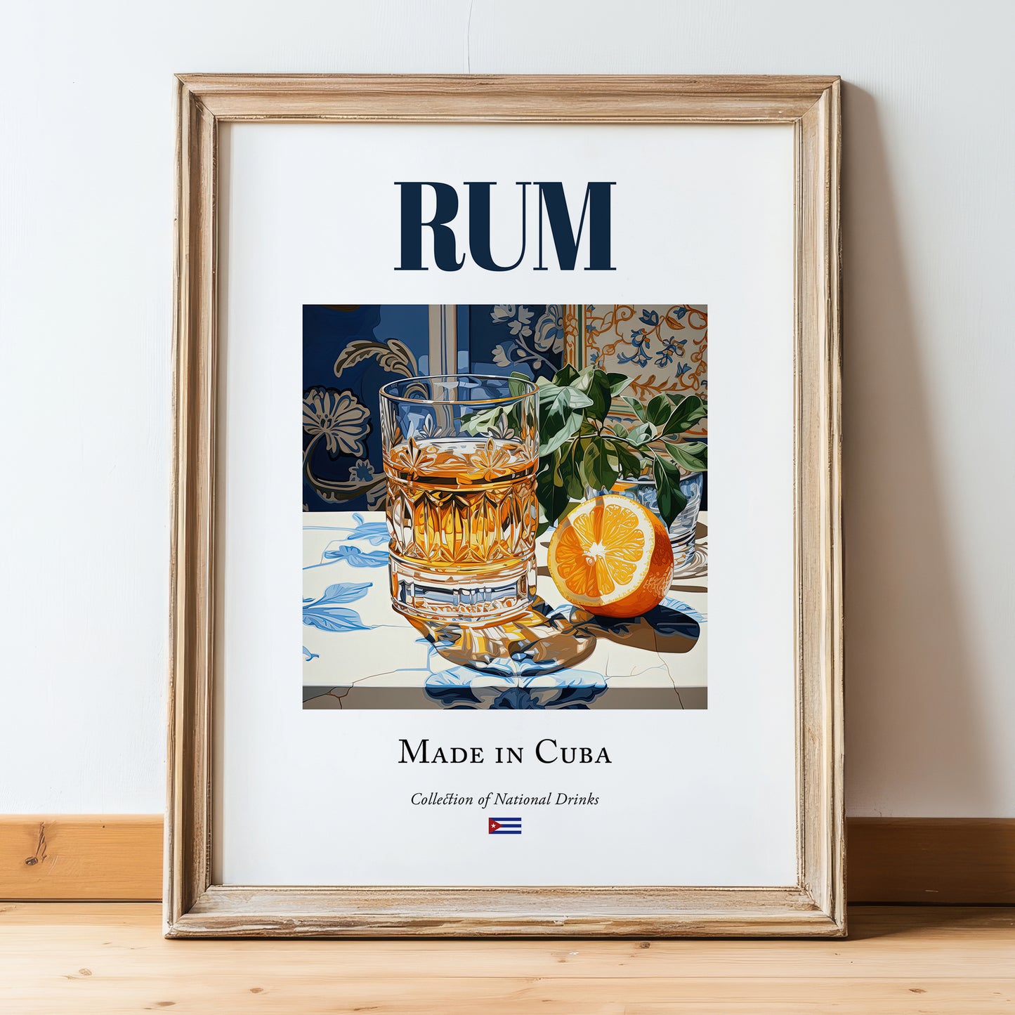 Rum – Cuban Spirit Drink, Rooftop Terrace Wall Decor, in wooden frame leaning on the floor