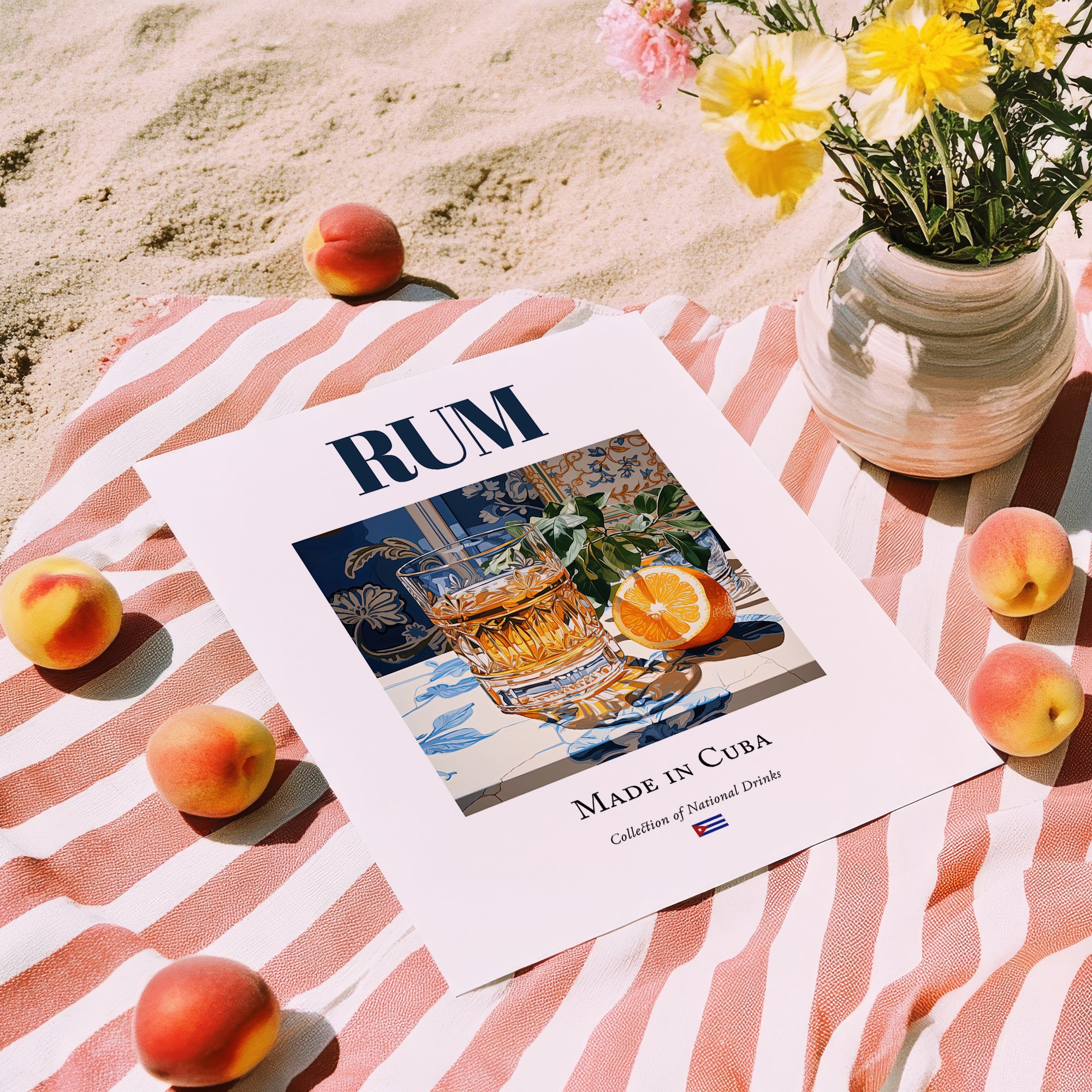 Rum – Cuban Spirit Drink, Rooftop Terrace Wall Decor, unframed on coastal sand