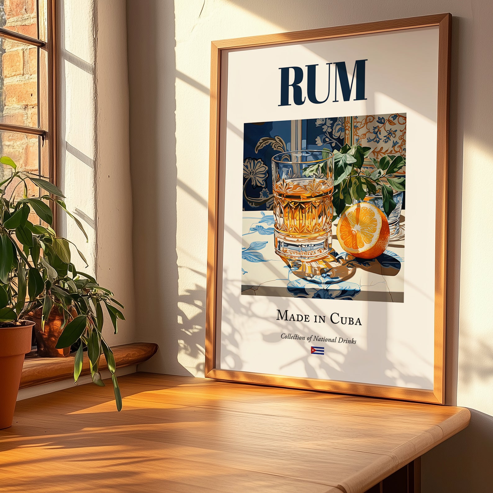 Rum – Cuban Spirit Drink, Rooftop Terrace Wall Decor, no-text version framed in wood