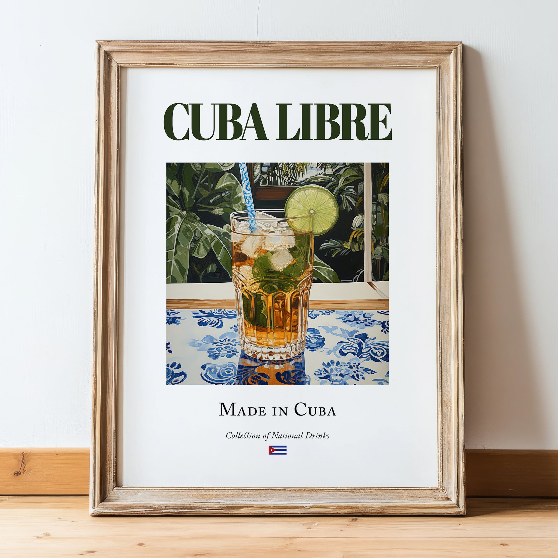 Cuba Libre – Cuban Cocktail Drink, Cocktail Lounge Wall Art, in wooden frame leaning on the floor
