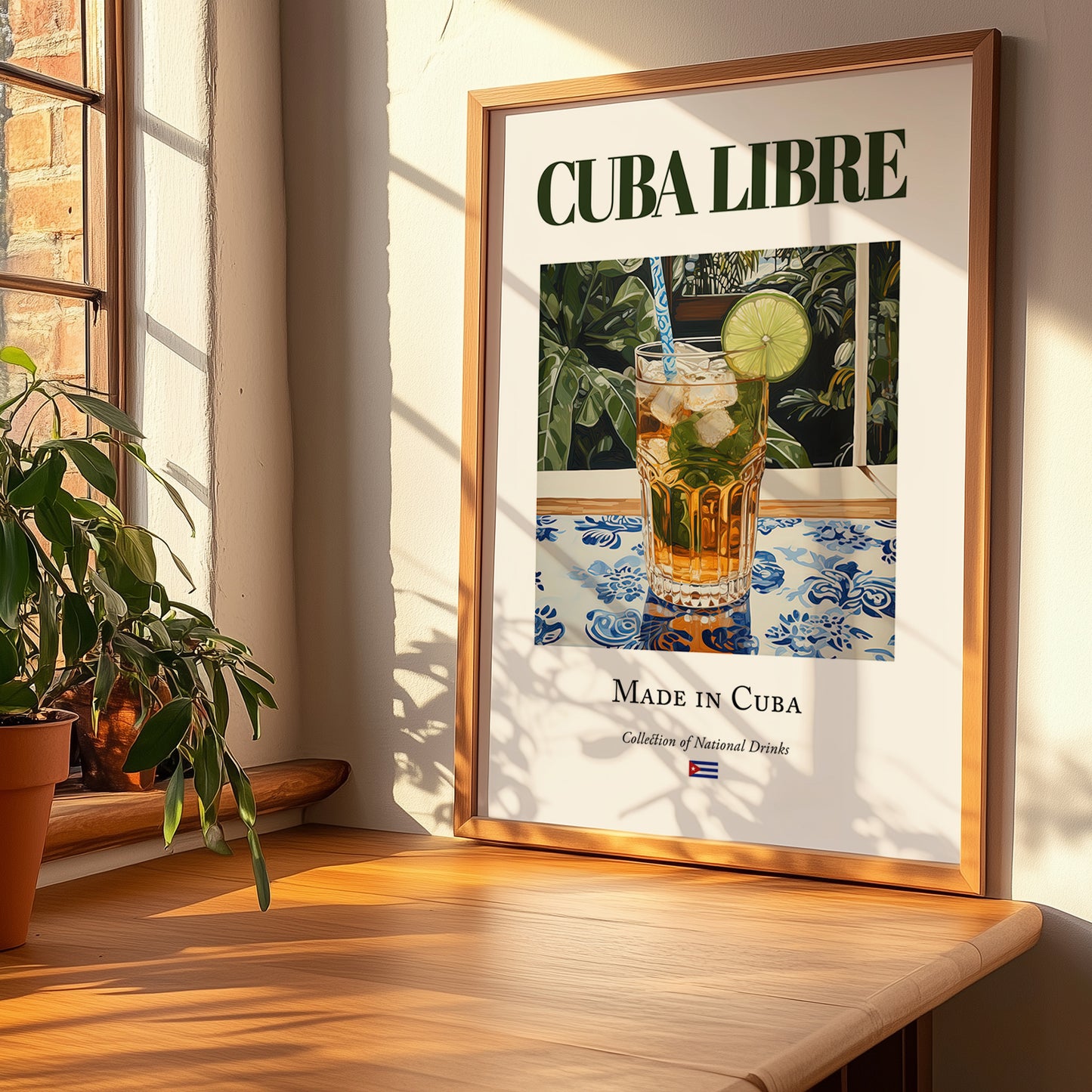 Cuba Libre – Cuban Cocktail Drink, Cocktail Lounge Wall Art, no-text version framed in wood