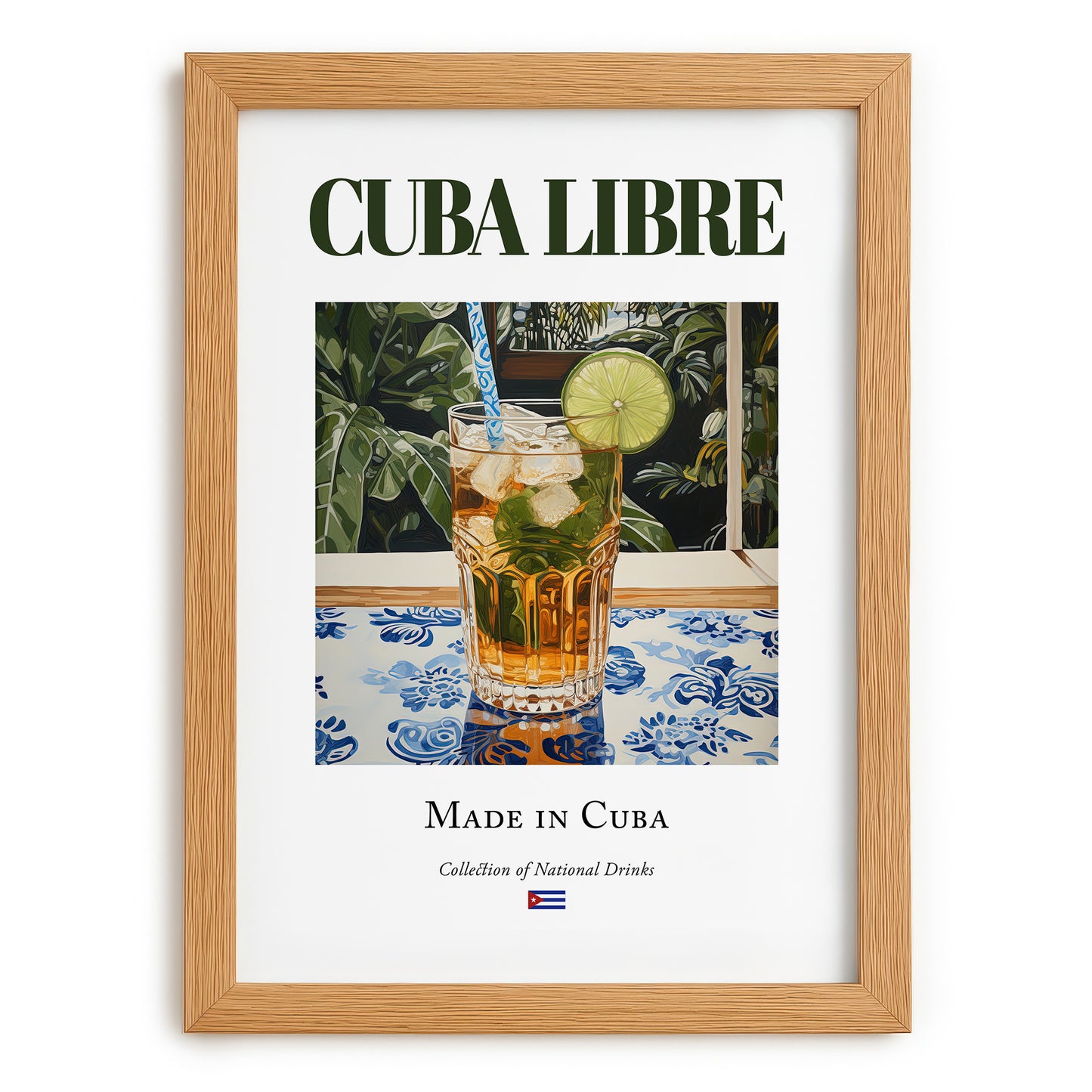 Cuba Libre – Cuban Cocktail Drink, Cocktail Lounge Wall Art, set in oak frame