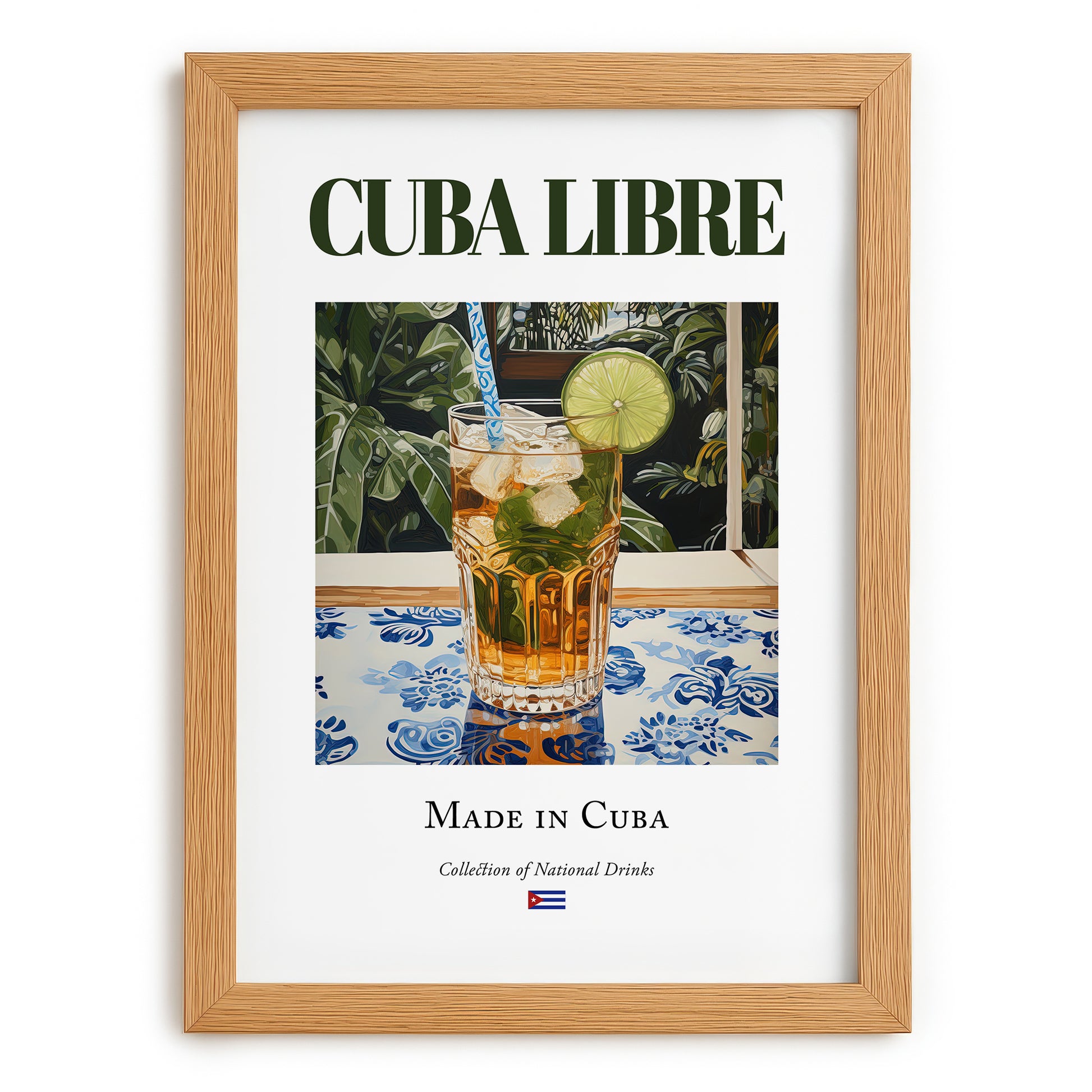 Cuba Libre – Cuban Cocktail Drink, Cocktail Lounge Wall Art, set in oak frame
