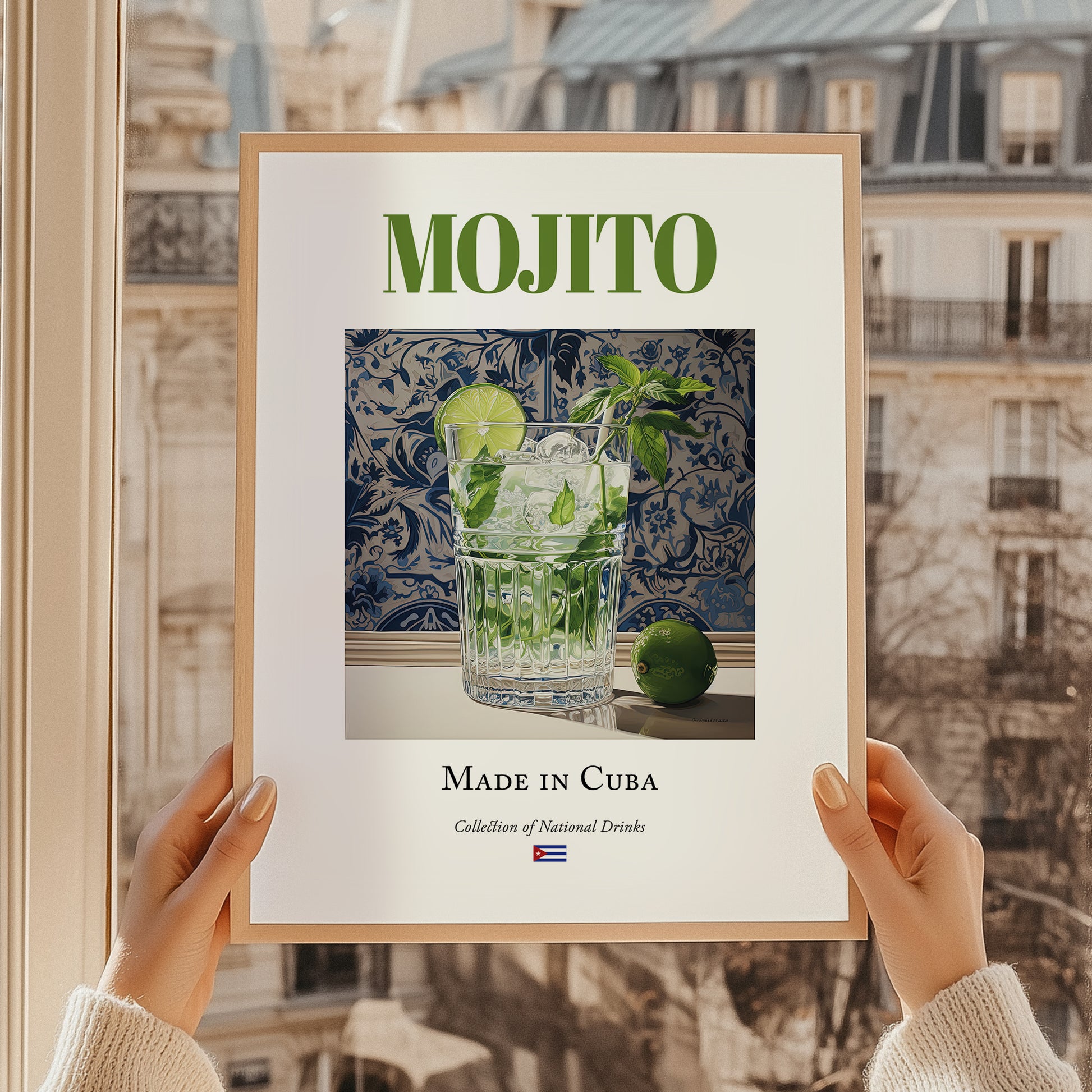 Mojito – Cuban Cocktail Drink, Rooftop Terrace Print, styled in a charming Paris street view