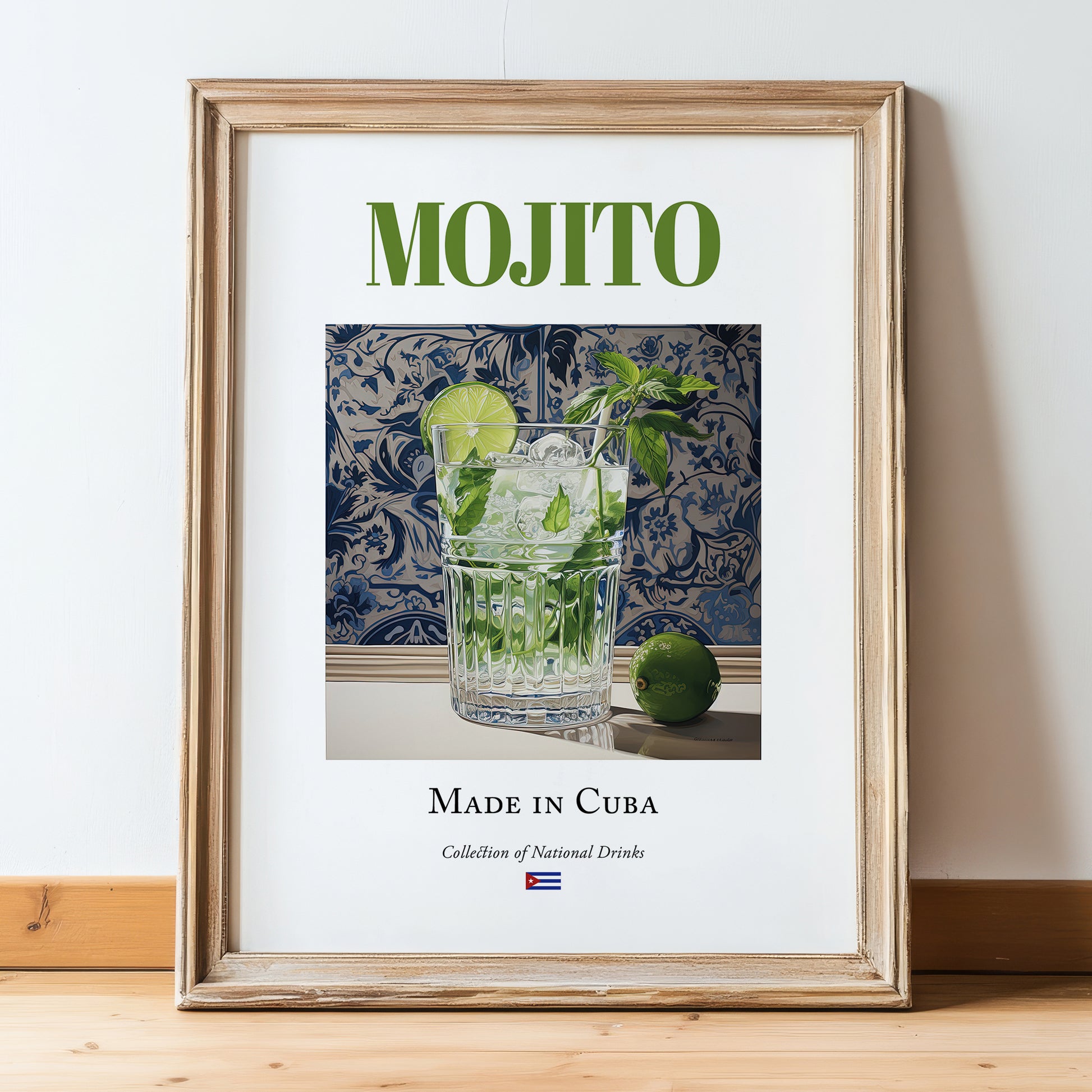 Mojito – Cuban Cocktail Drink, Rooftop Terrace Print, in wooden frame leaning on the floor