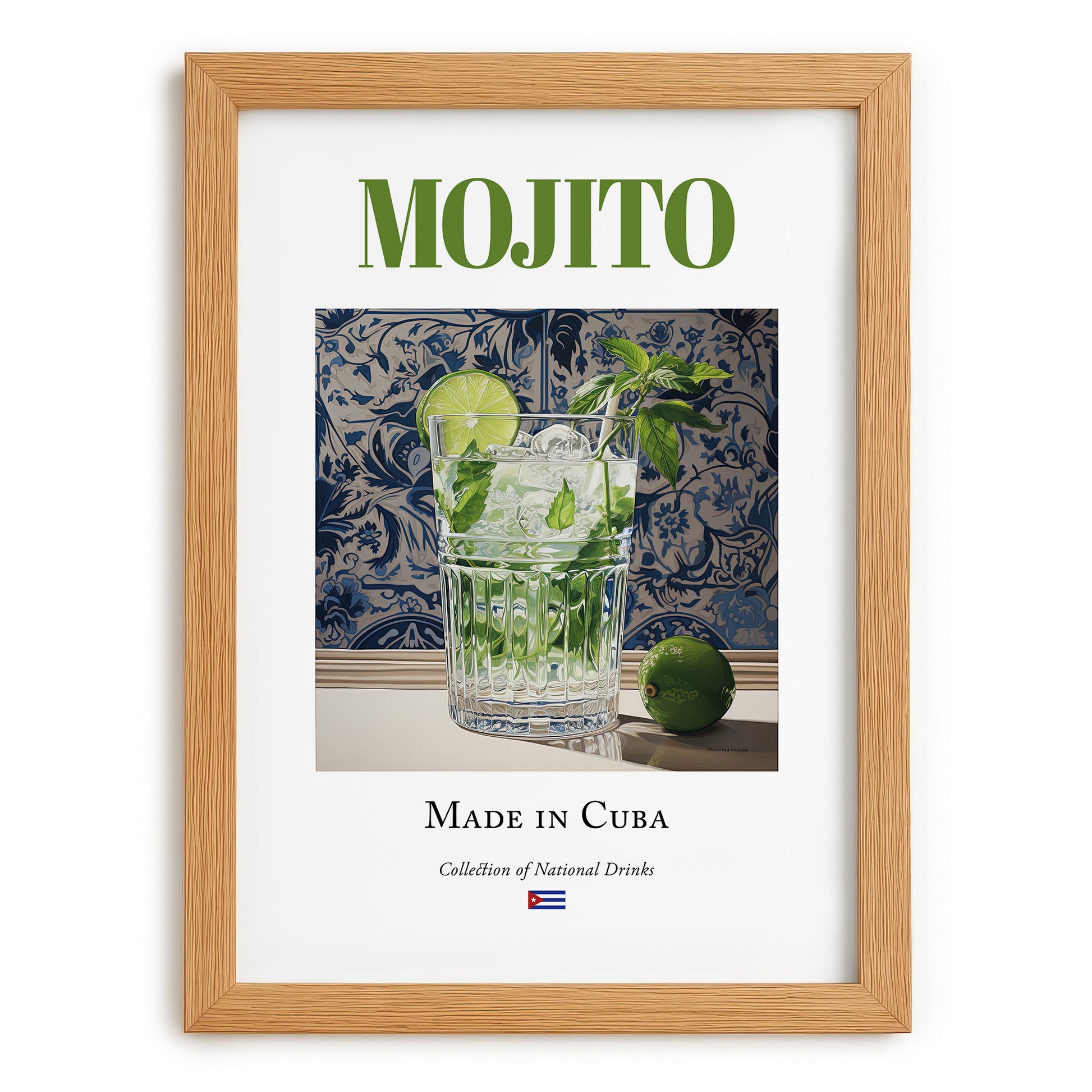 Mojito – Cuban Cocktail Drink, Rooftop Terrace Print, set in oak frame