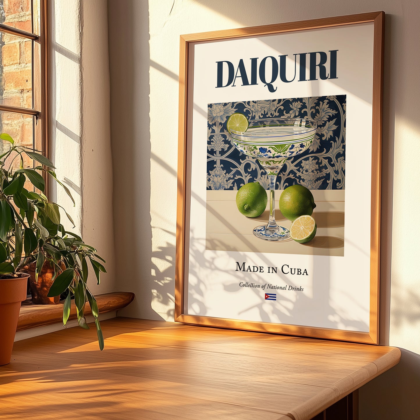 Daiquiri – Cuban Cocktail Drink, Rooftop Terrace Print, no-text version framed in wood