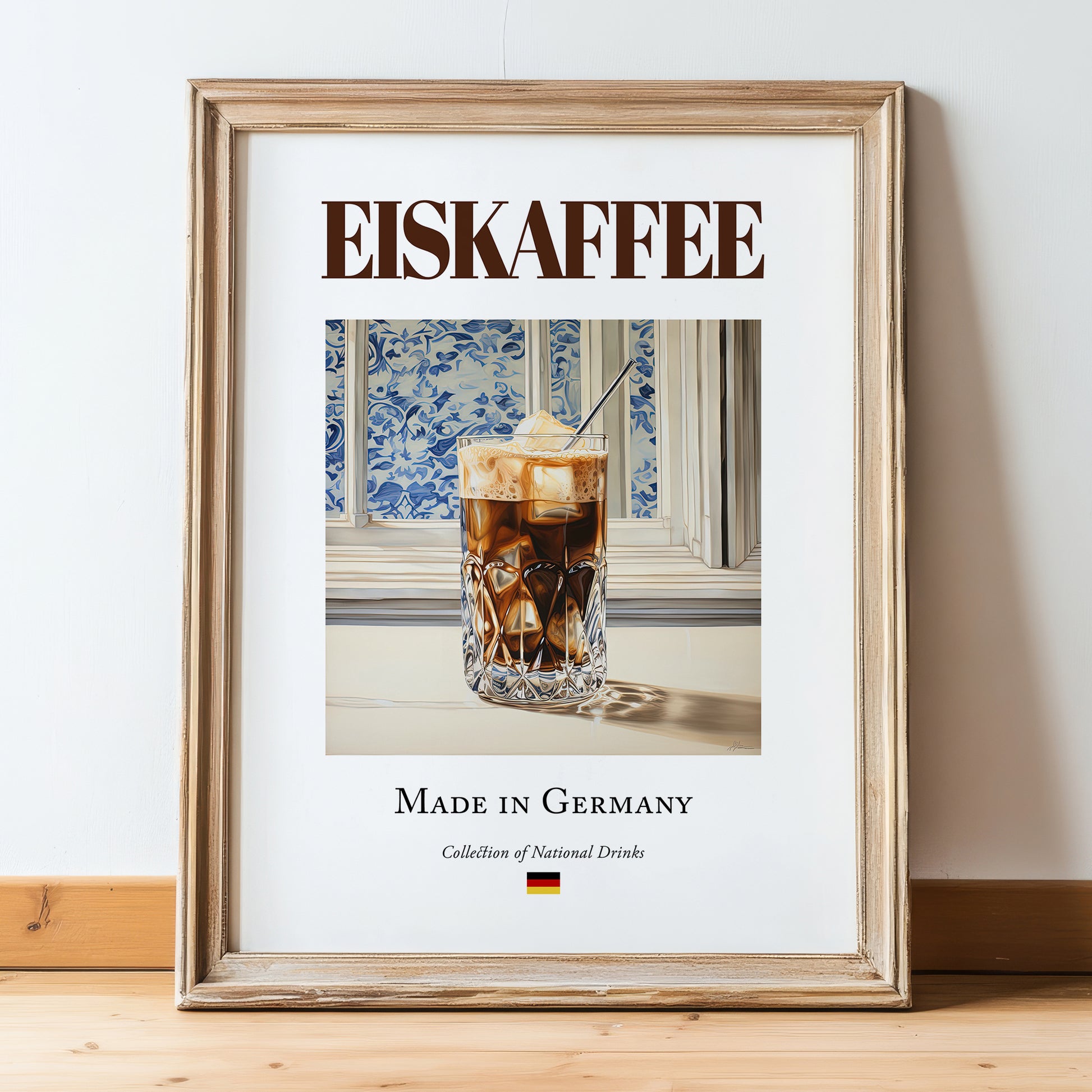 Eiskaffee – German Coffee, Espresso Bar Illustration, in wooden frame leaning on the floor