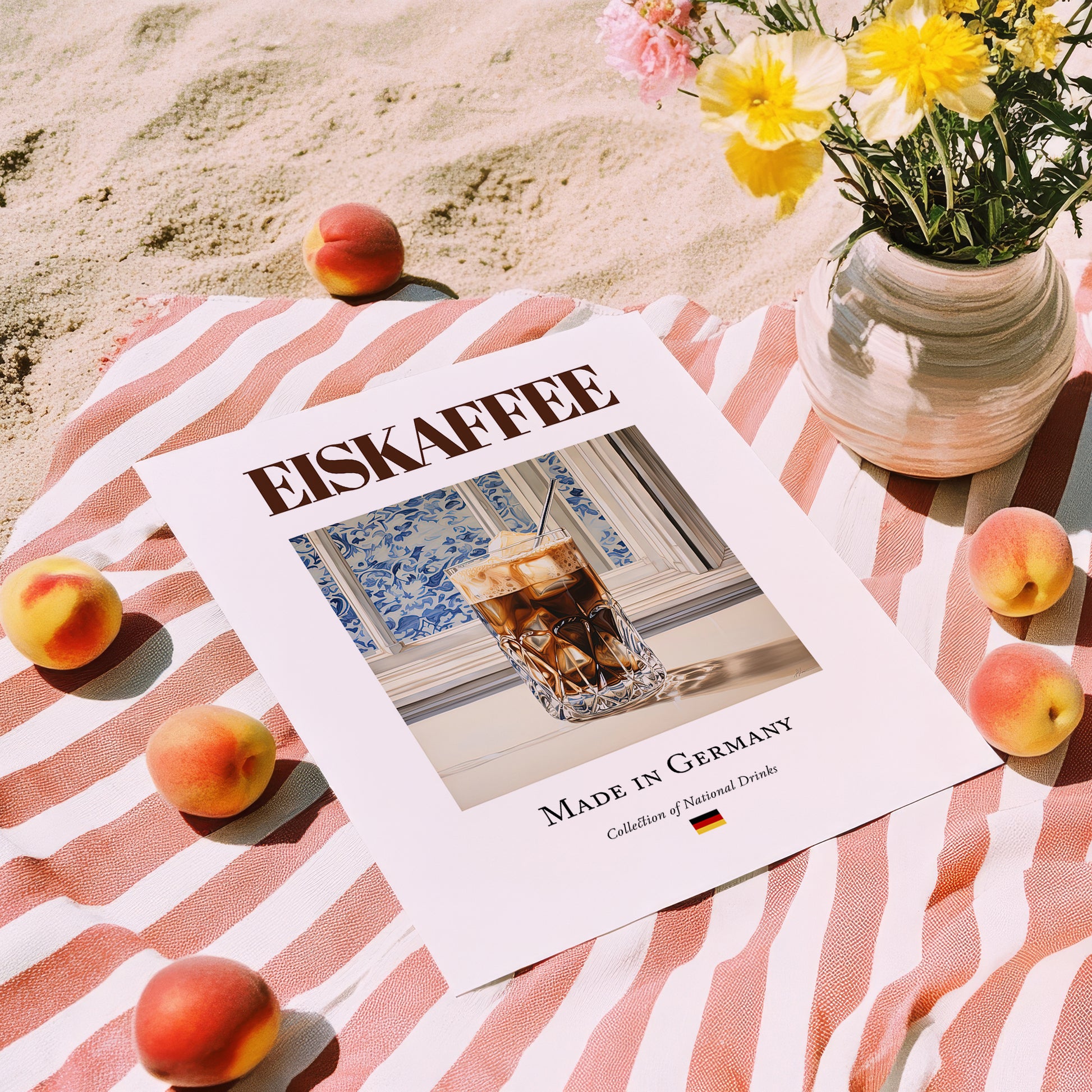 Eiskaffee – German Coffee, Espresso Bar Illustration, unframed on coastal sand