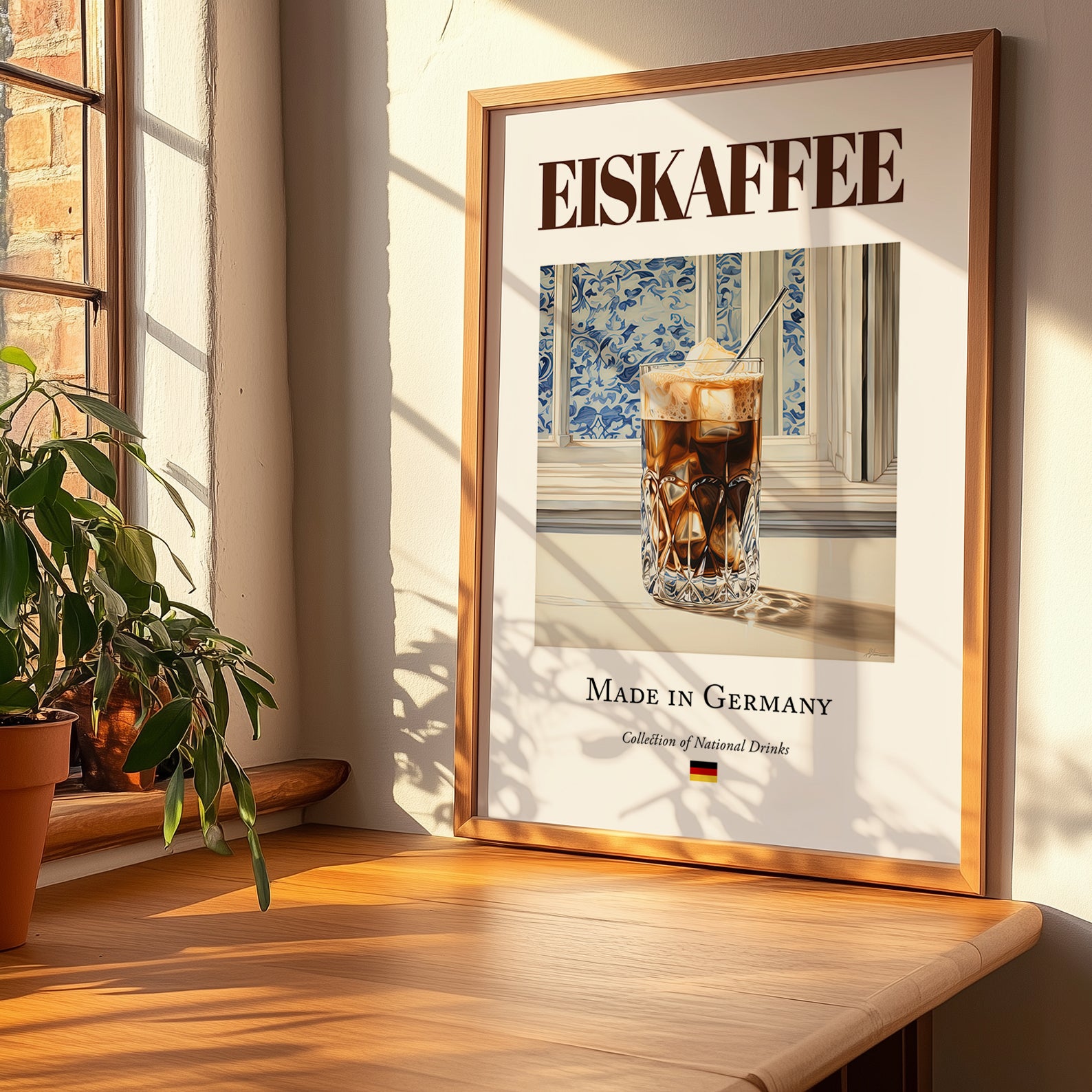 Eiskaffee – German Coffee, Espresso Bar Illustration, no-text version framed in wood