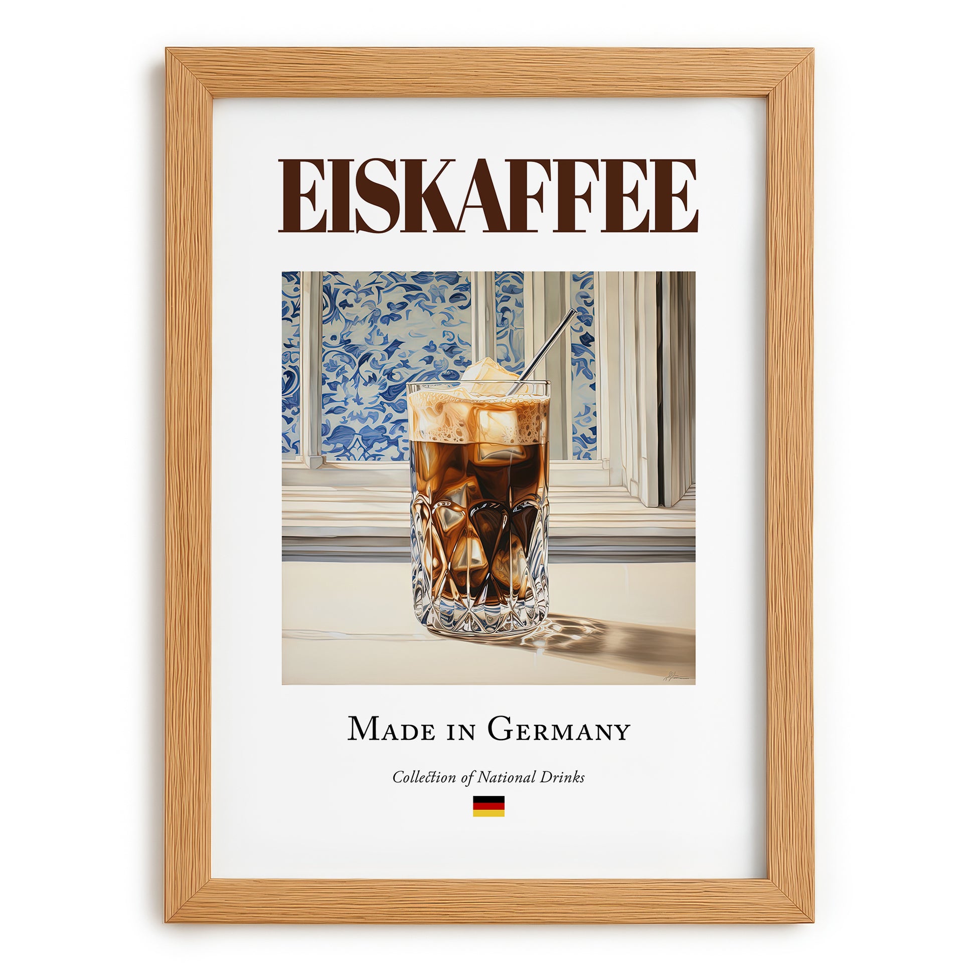 Eiskaffee – German Coffee, Espresso Bar Illustration, set in oak frame