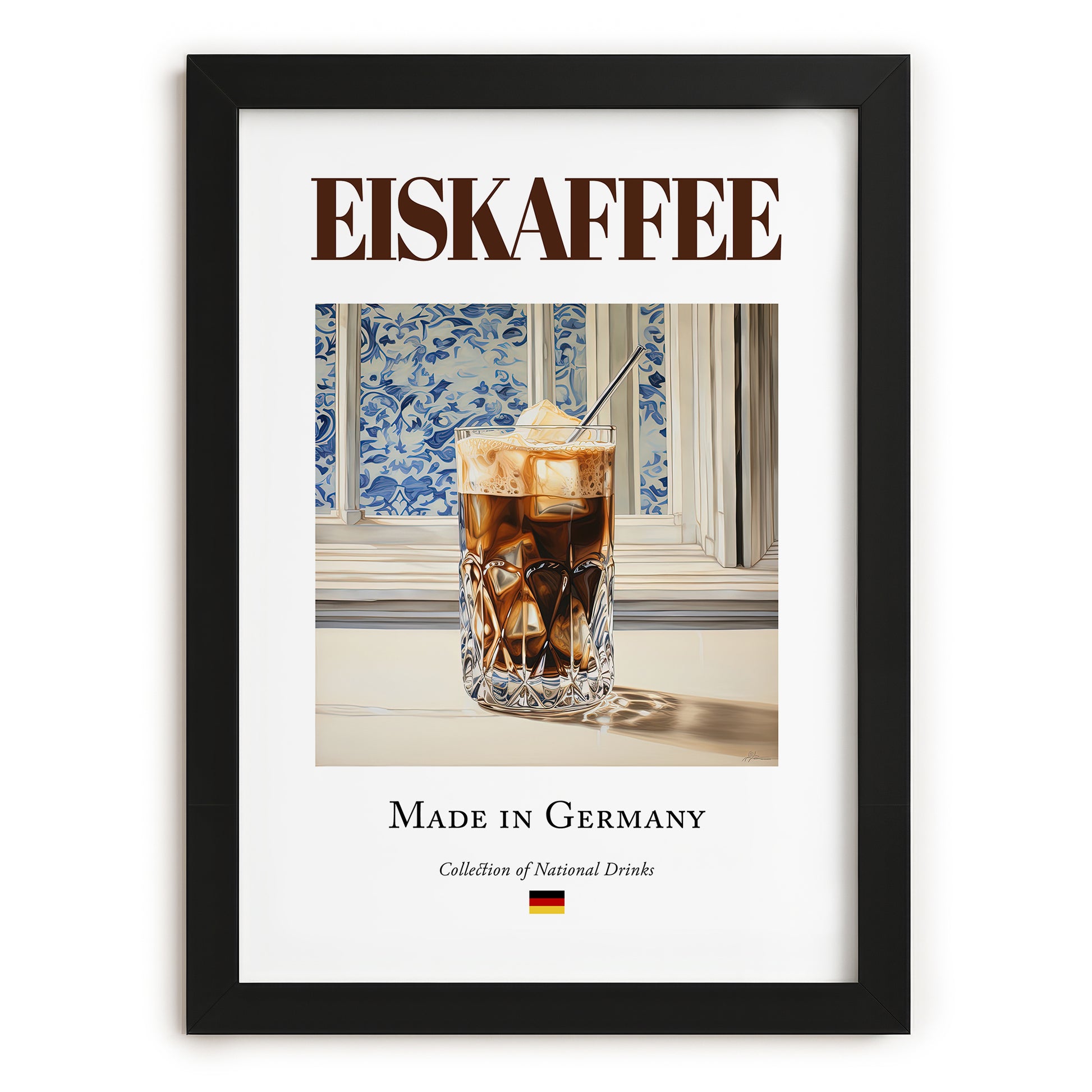 Eiskaffee – German Coffee, Espresso Bar Illustration, in sleek black frame