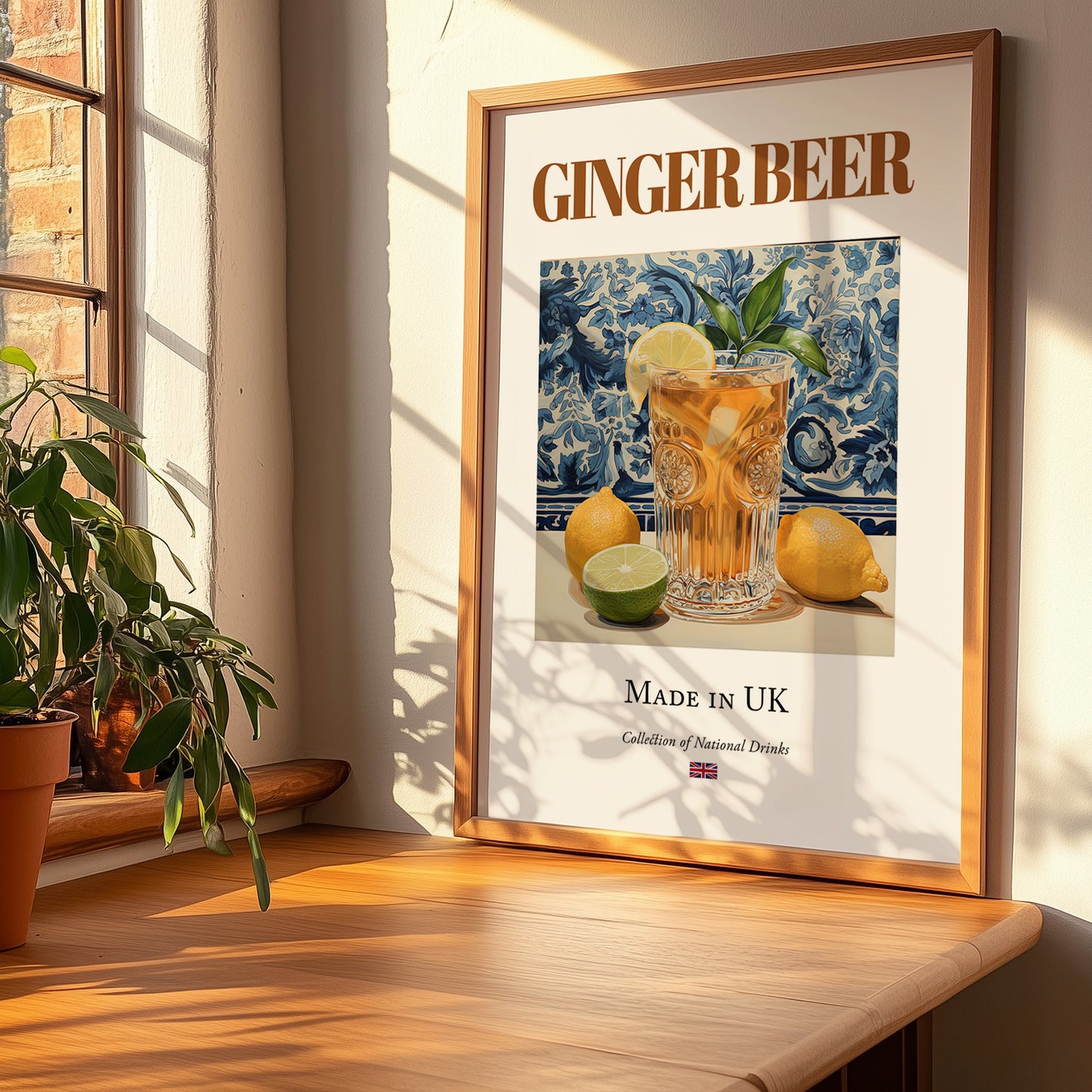 Ginger Beer – English Beverage Drink, Jazz Bar Still Life, no-text version framed in wood