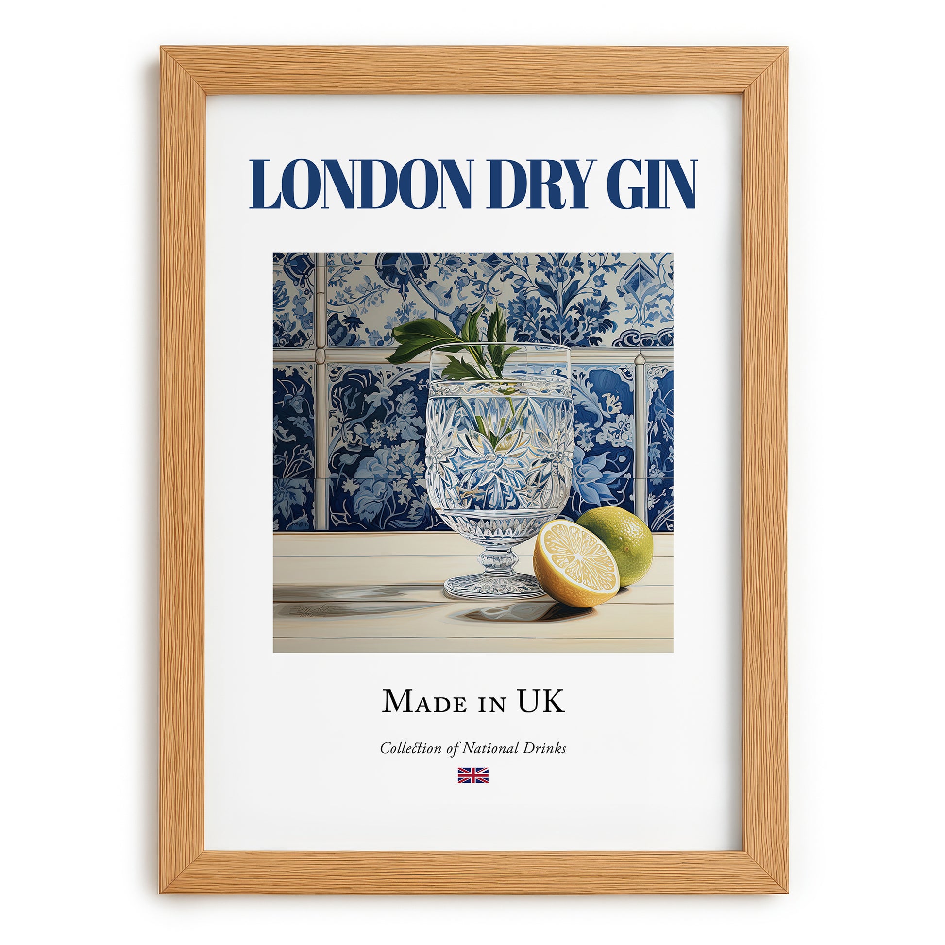 London Dry Gin – English Spirit Drink, Rooftop Terrace Illustration, set in oak frame