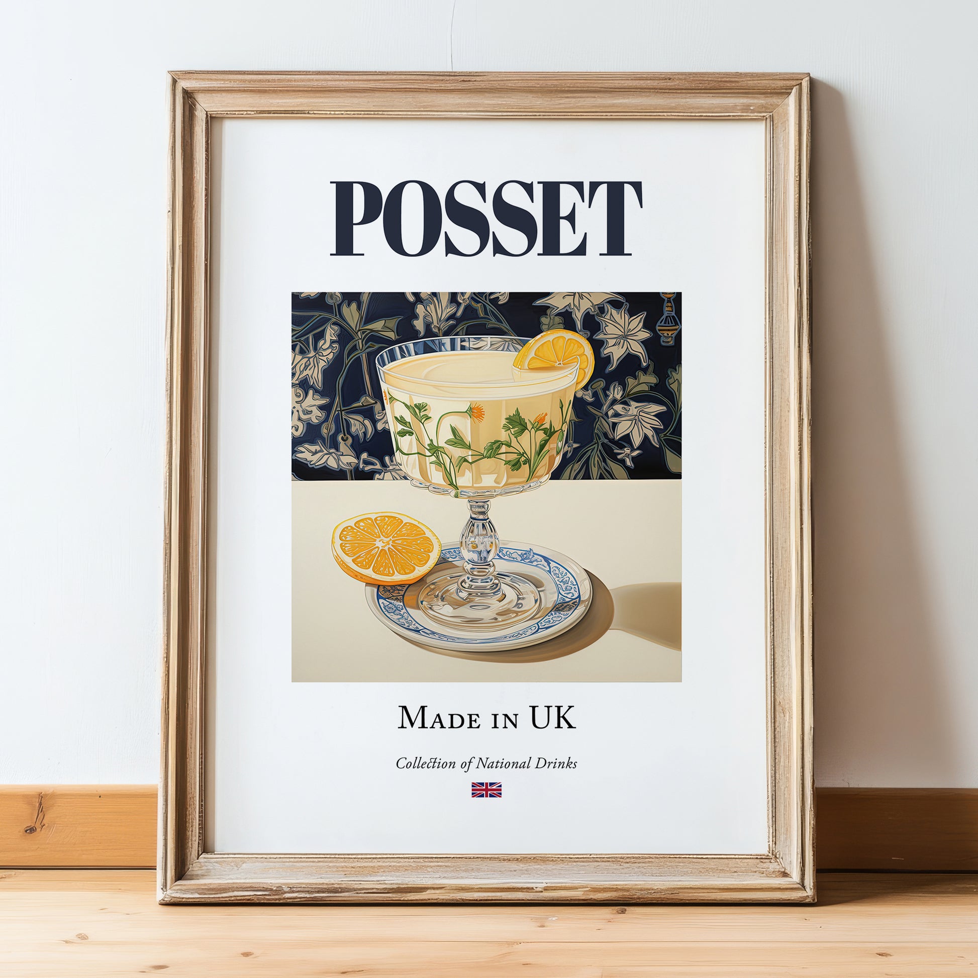 Posset – English Dessert Dish, Bistro Illustration, in wooden frame leaning on the floor