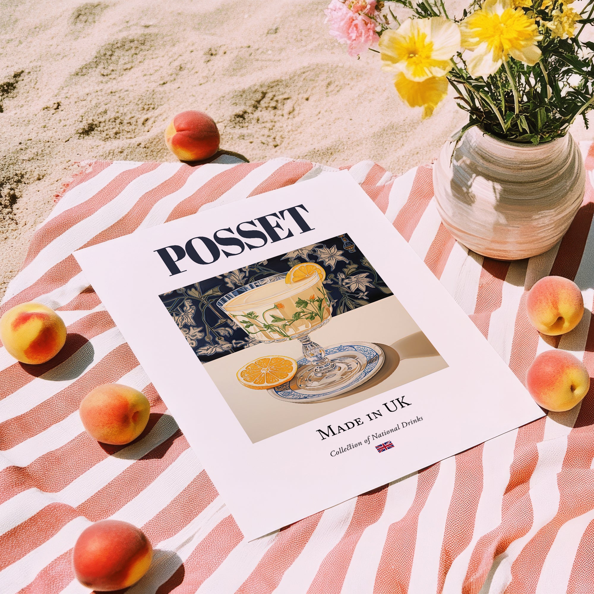 Posset – English Dessert Dish, Bistro Illustration, unframed on coastal sand