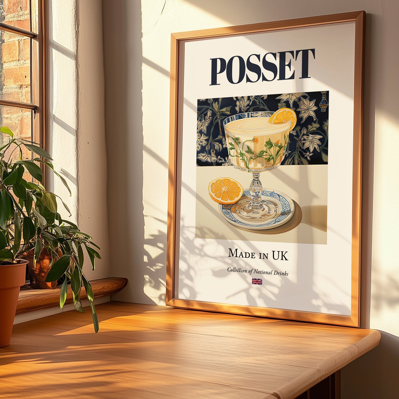 Posset – English Dessert Dish, Bistro Illustration, no-text version framed in wood