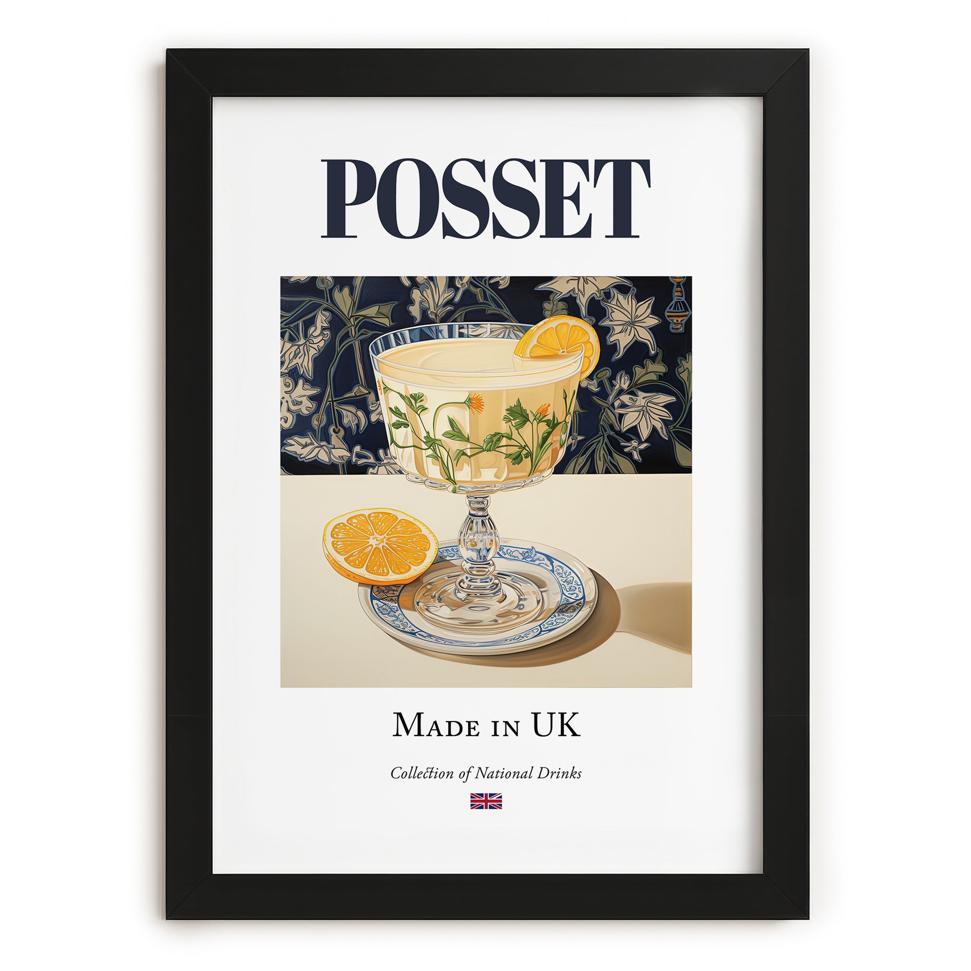 Posset – English Dessert Dish, Bistro Illustration, in sleek black frame