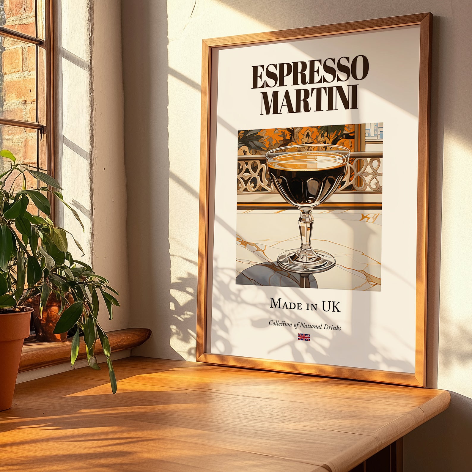 Espresso Martini – English Cocktail Drink, Cocktail Lounge Print, no-text version framed in wood