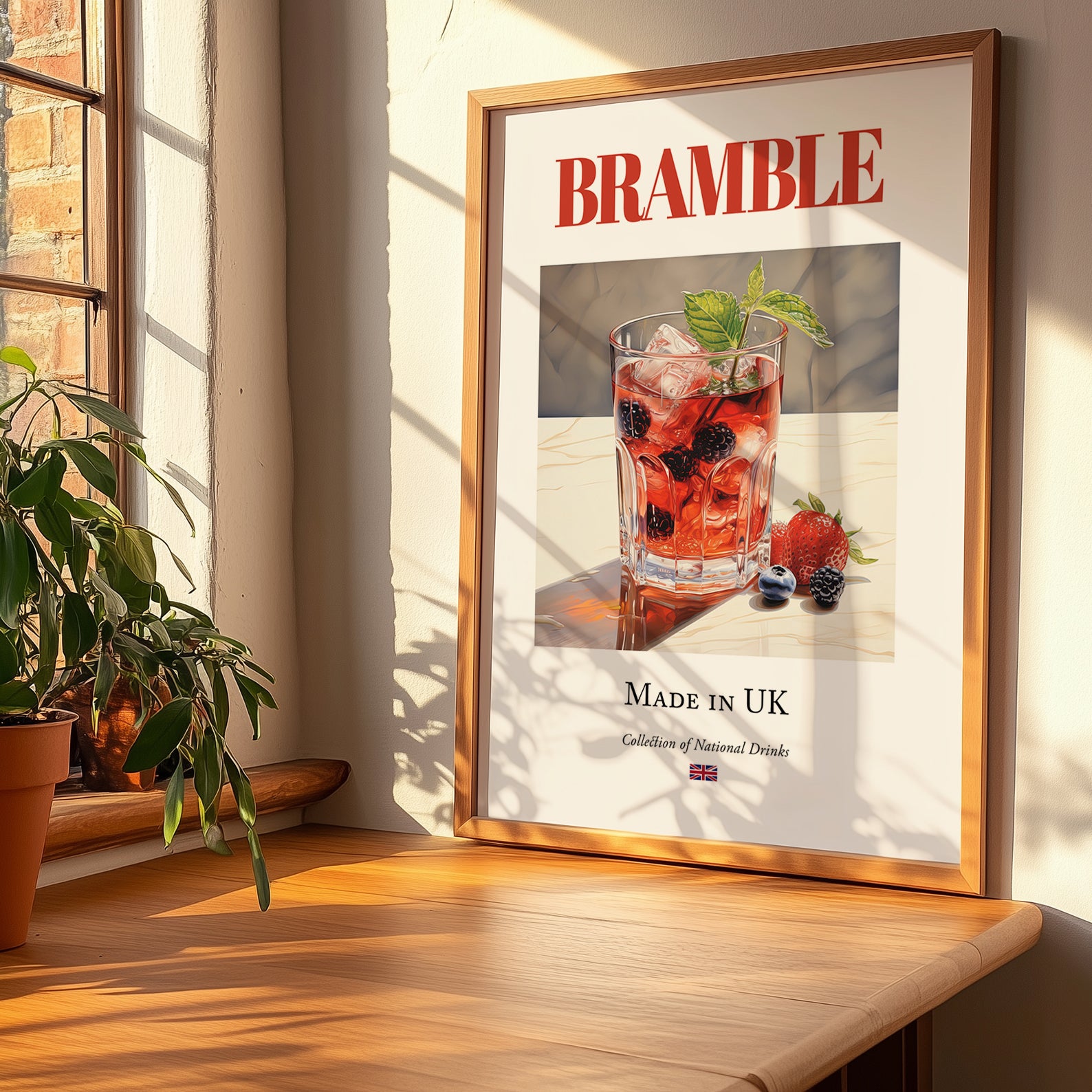 Bramble – English Cocktail Drink, Speakeasy Wall Art, no-text version framed in wood