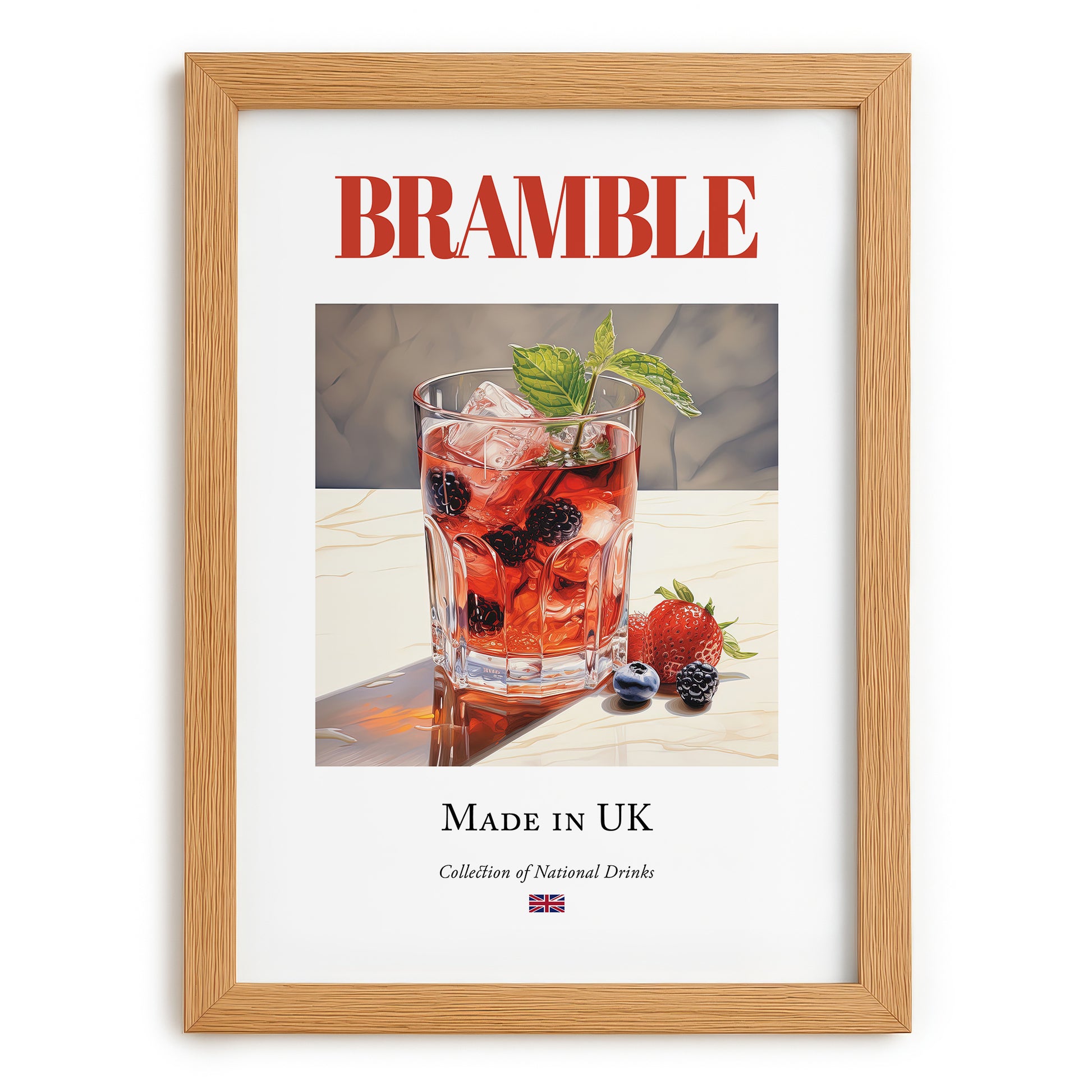 Bramble – English Cocktail Drink, Speakeasy Wall Art, set in oak frame
